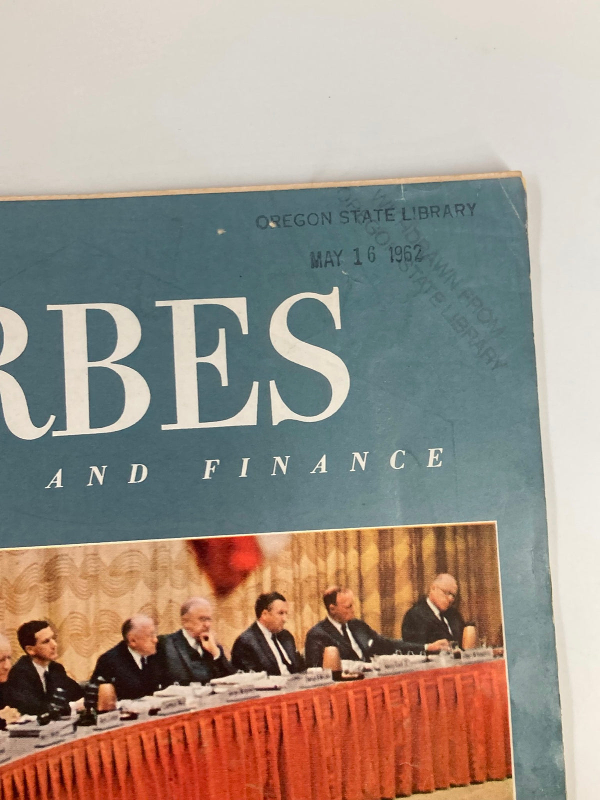 Close-up of VTG Forbes Magazine May 15 1962 cover, highlighting details like the date and Oregon State Library stamp, focused on business conference imagery.