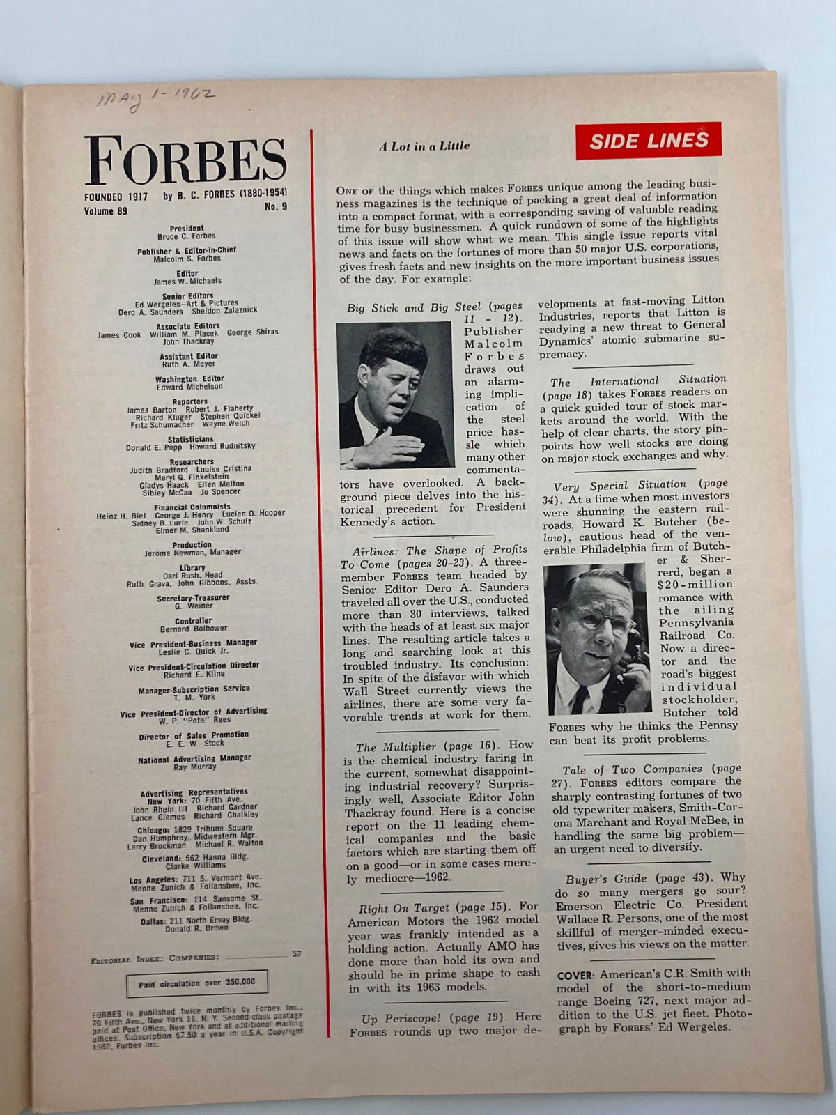 Interior page of the VTG Forbes Magazine May 1, 1962 displaying the magazine index and additional text relevant to the articles.