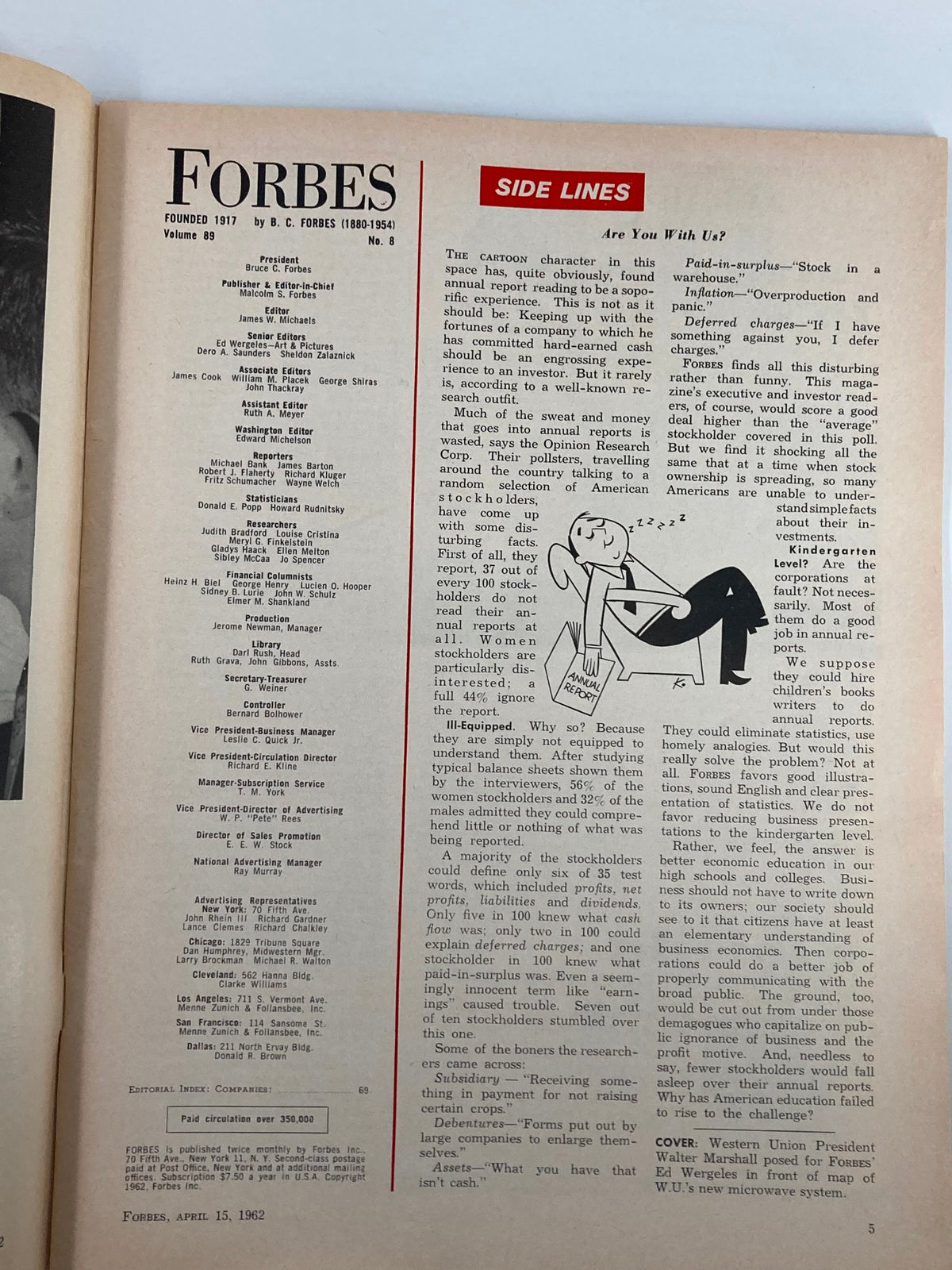 Interior page of VTG Forbes Magazine April 15 1962 showcasing editorial content, with the magazine's logo and side lines section, indicative of its historical context.