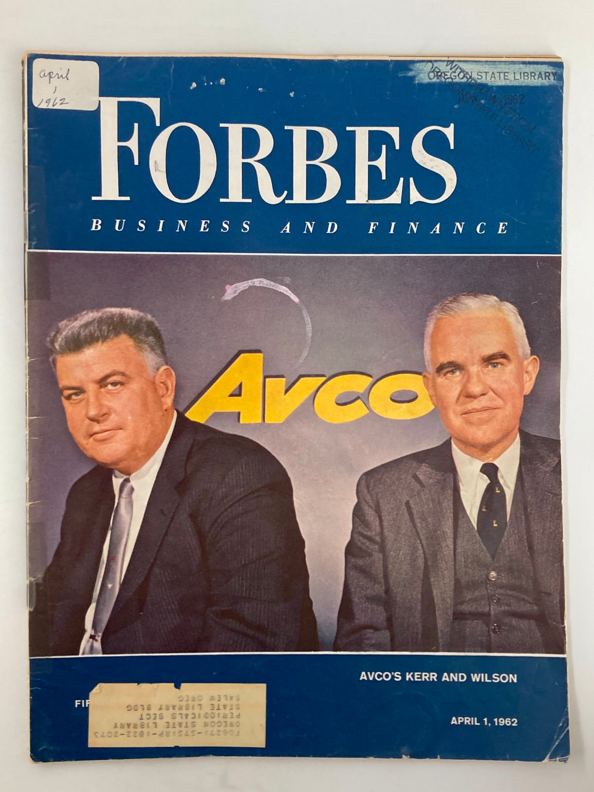 VTG Forbes Magazine April 1 1962 featuring Avco's Kerr and Wilson on the cover, showcasing the business and finance theme.