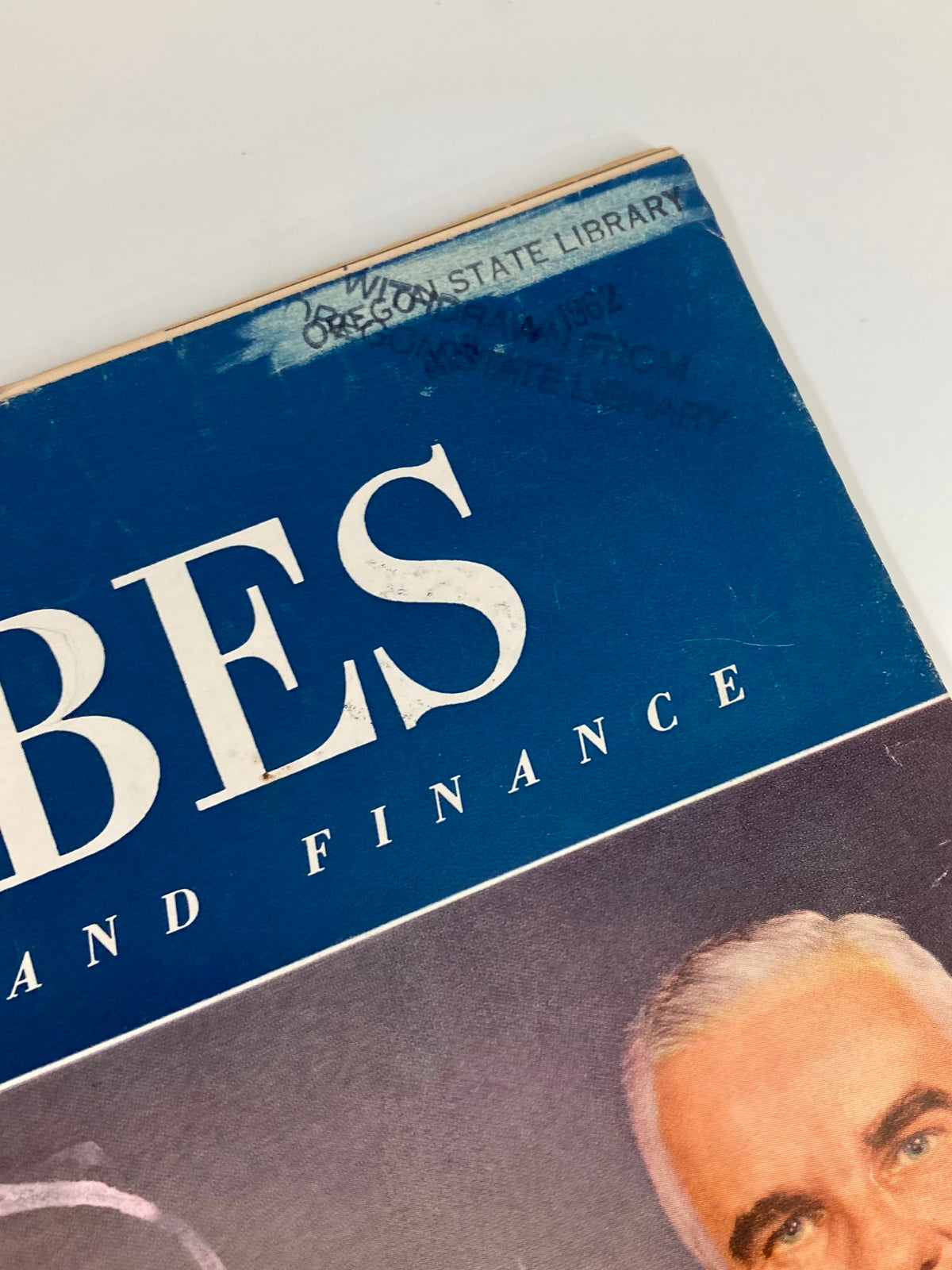Close-up of the top section of the VTG Forbes Magazine April 1 1962, displaying the magazine's title and Oregon State Library stamp.