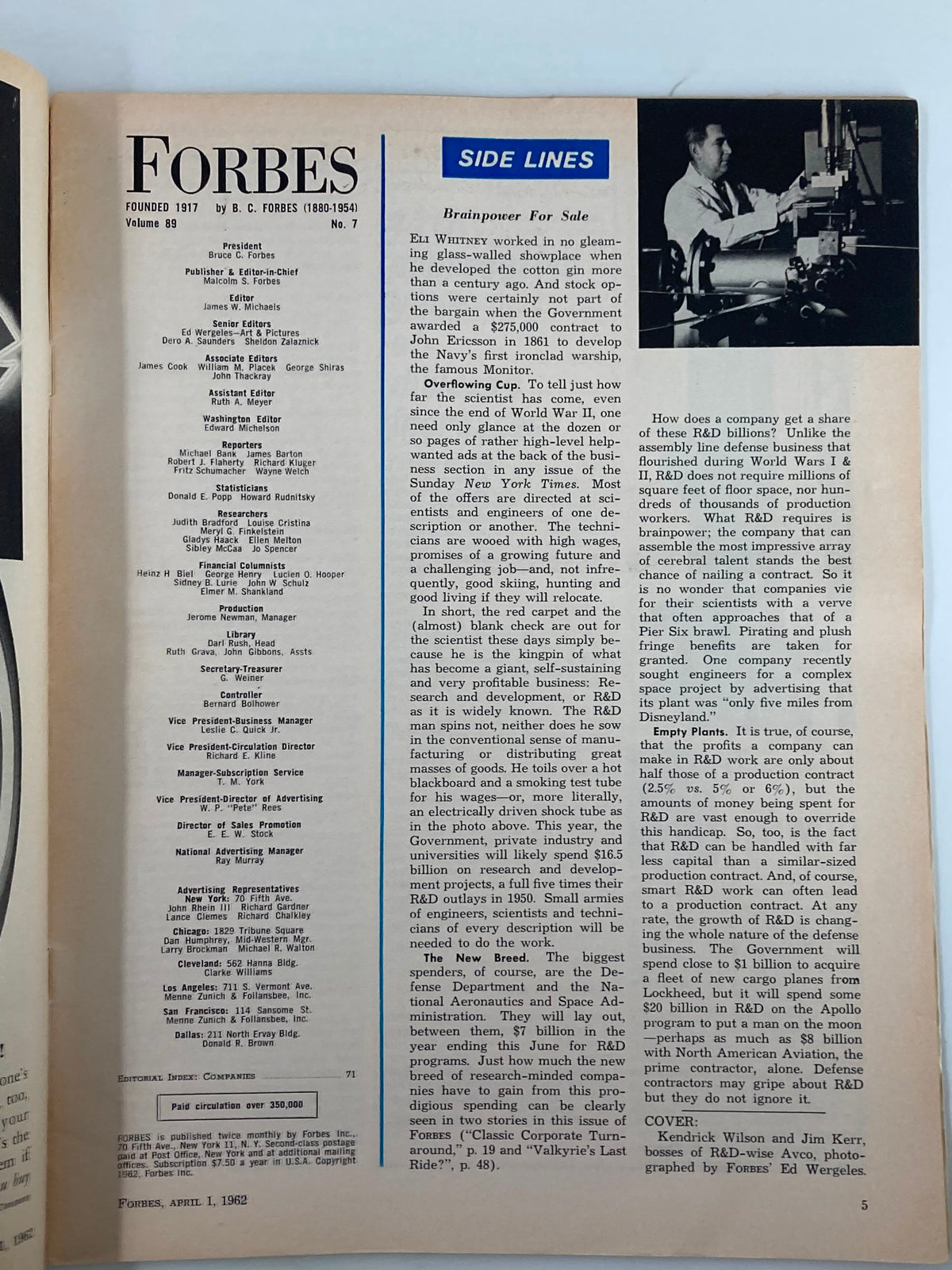 Interior page of Vintage Forbes Magazine April 1 1962 showing magazine layout and article content with the title prominently displayed.