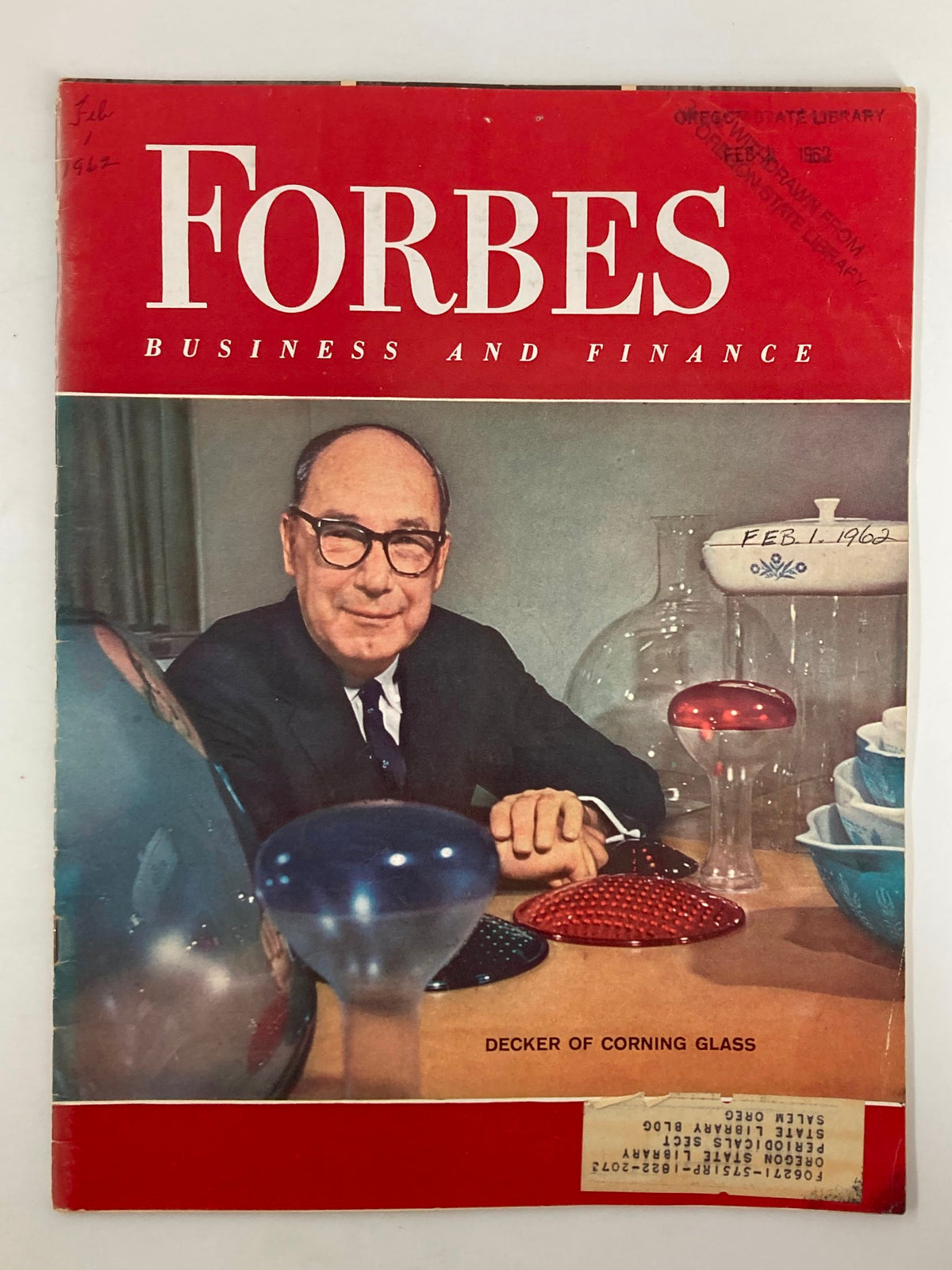VTG Forbes Magazine February 1 1962 featuring Decker of Corning Glass, showcasing vintage design with colorful glassware on display.