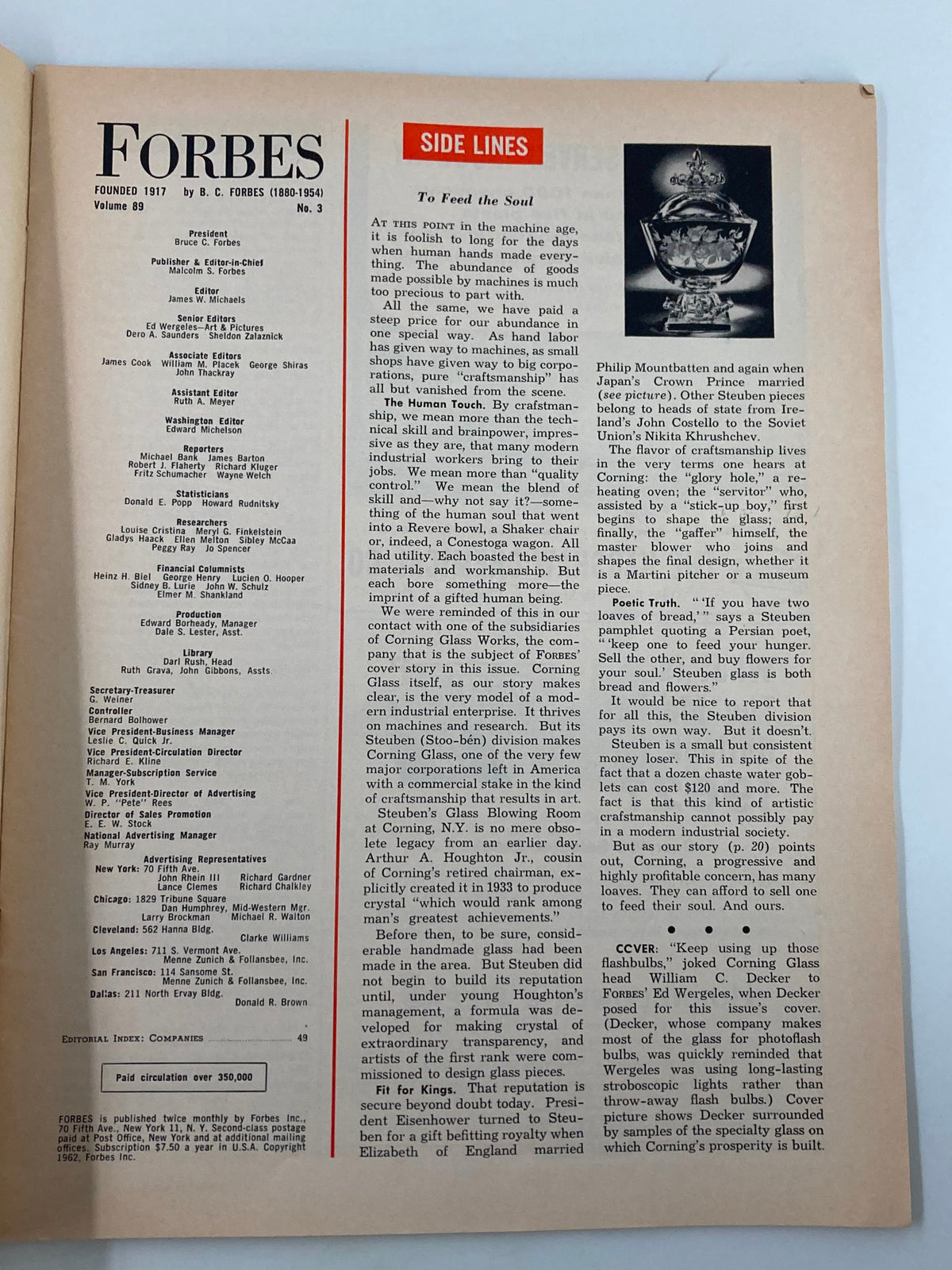 Interior page of the VTG Forbes Magazine February 1 1962, highlighting an article discussing Corning Glass and its impact on industry.