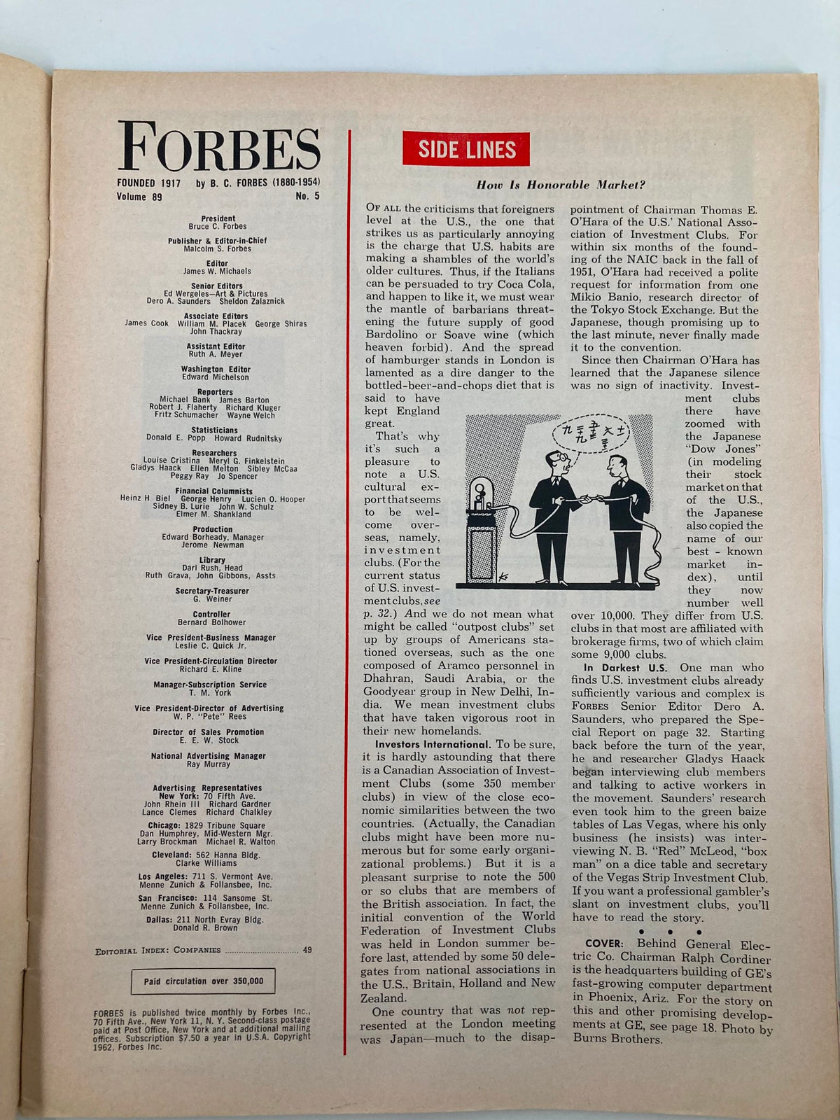 Interior page from VTG Forbes Magazine dated March 1, 1962, showcasing an article on the business landscape of the time. The page includes detailed editorial information and ads, providing a glimpse into historical business discourse.