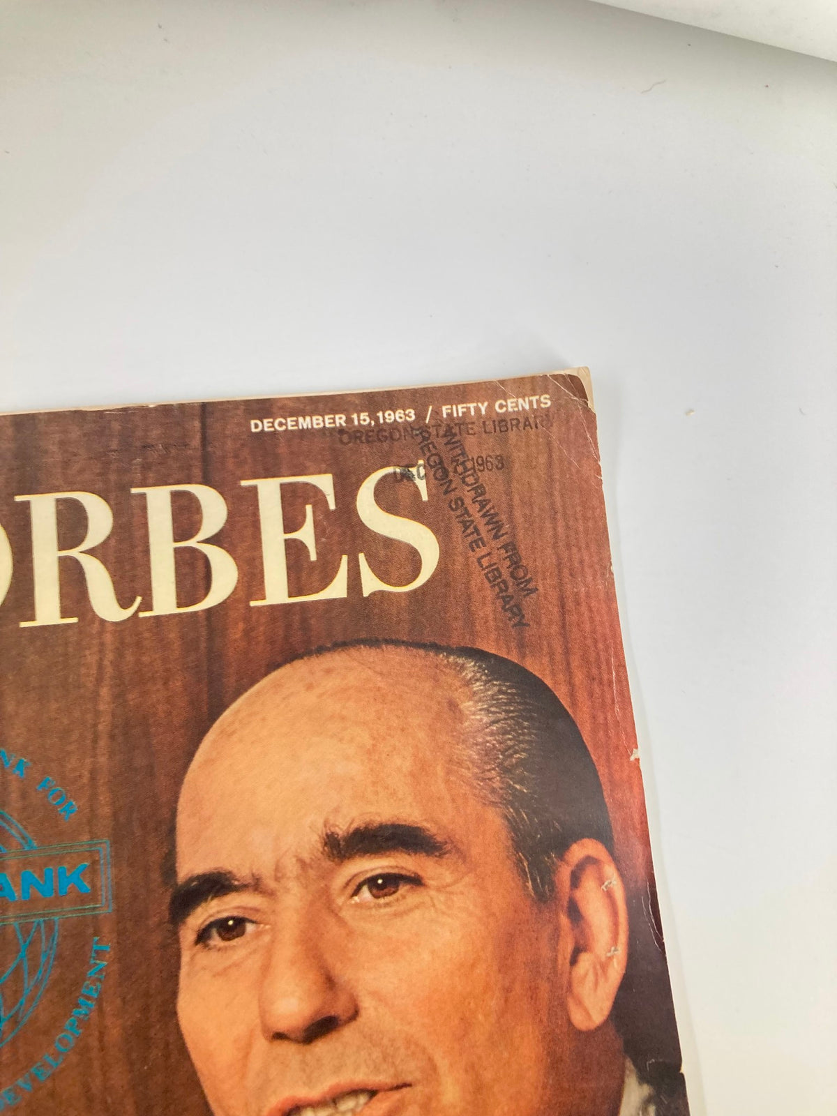 Close-up view of the upper corner of VTG Forbes Magazine December 15, 1963 showing the date and details about World Bank President George D. Woods.