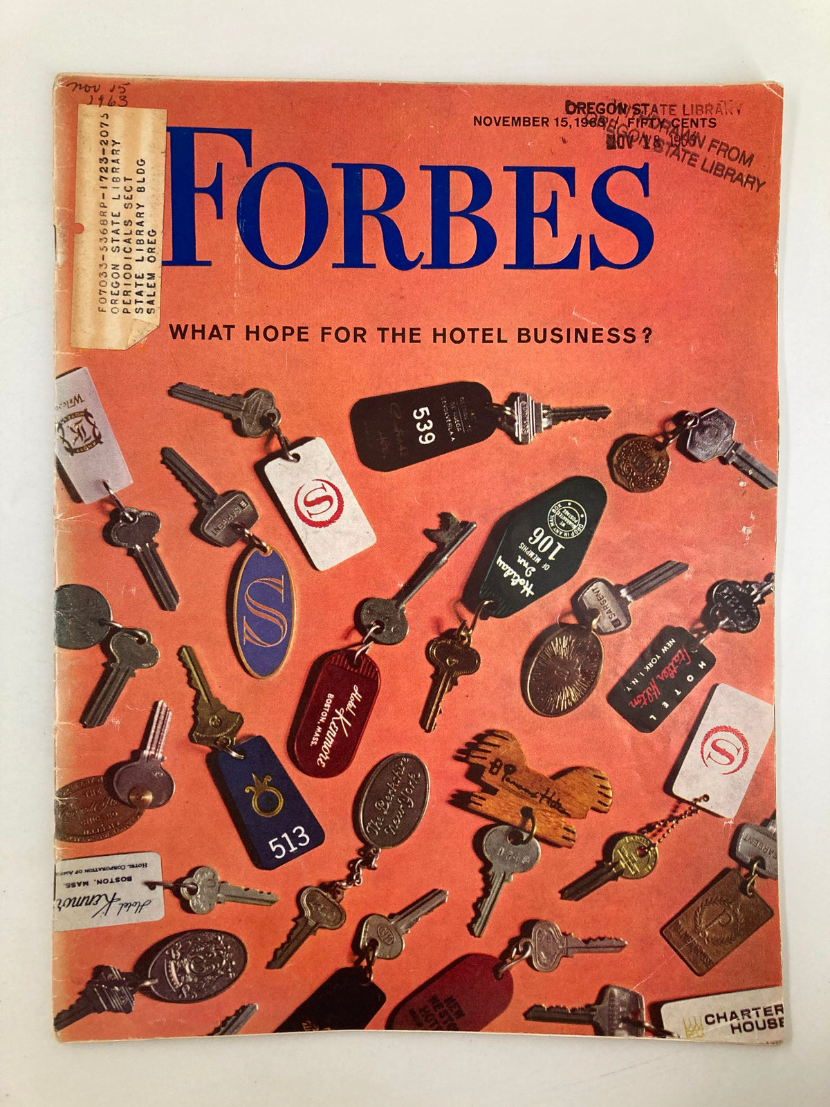 Cover of VTG Forbes Magazine November 15, 1963 featuring a collection of hotel room keys and tags with the title 'What Hope For The Hotel Business?' prominently displayed.