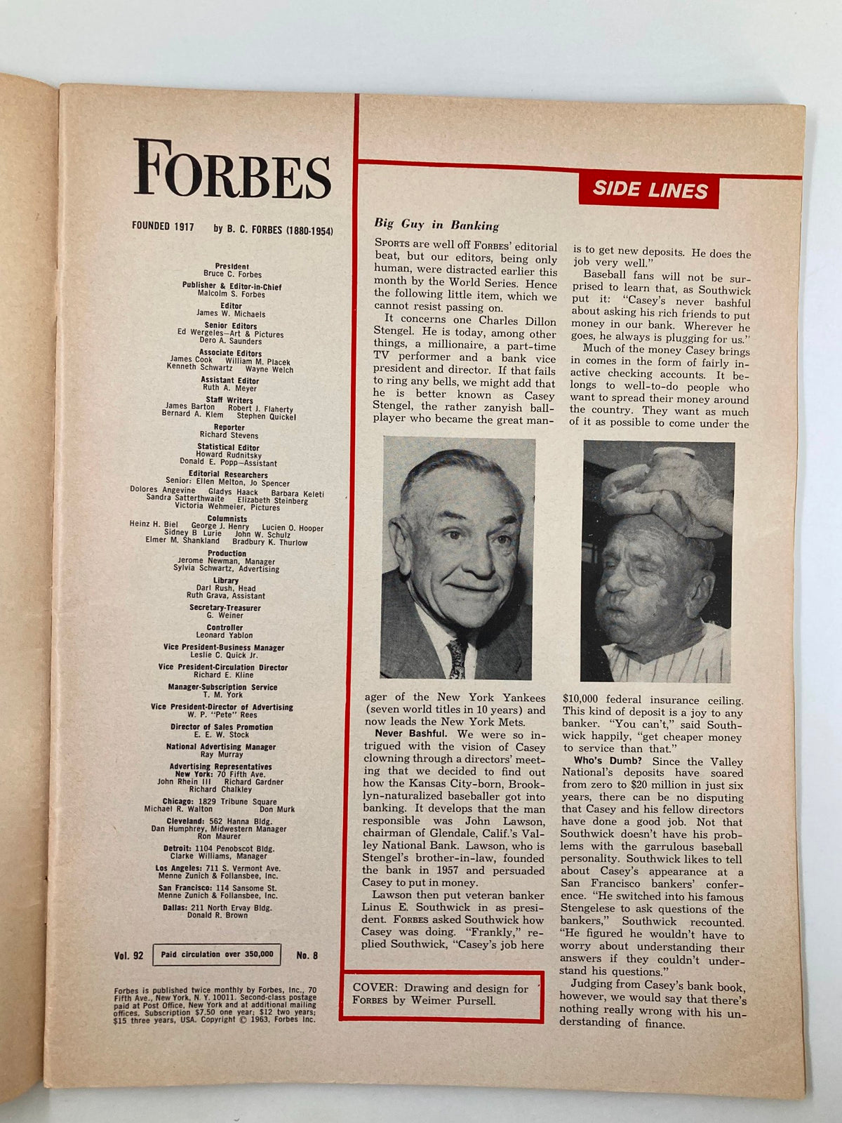 Forbes Magazine October 15 1963, featuring an editorial layout with insights on the banking industry and a segment titled 'Big Guy in Banking', showcasing staff credits and insights into the publishing sector.
