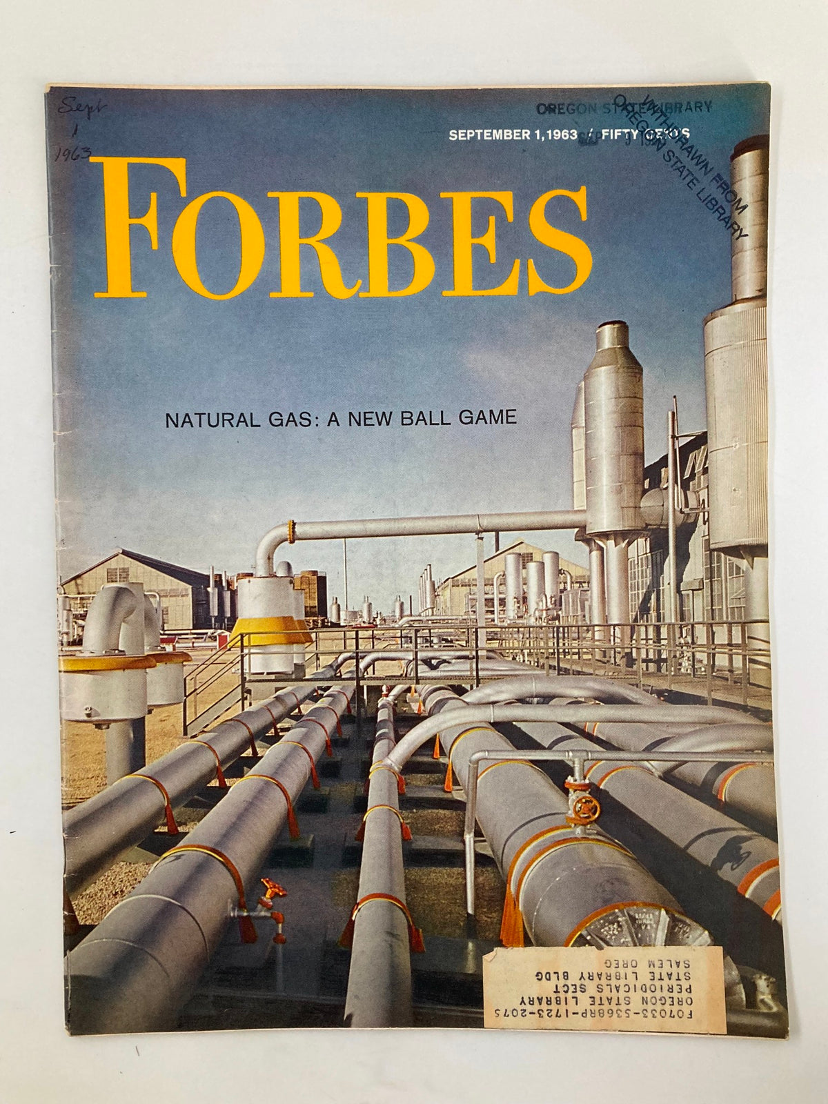 Cover of VTG Forbes Magazine September 1 1963 featuring the title Natural Gas: A New Ball Game, showcasing natural gas infrastructure.