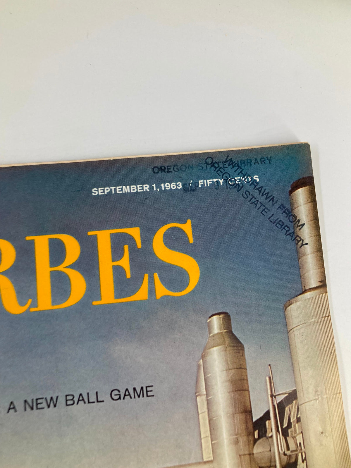 Detail close-up of the cover page of VTG Forbes Magazine September 1 1963, highlighting the title and date.