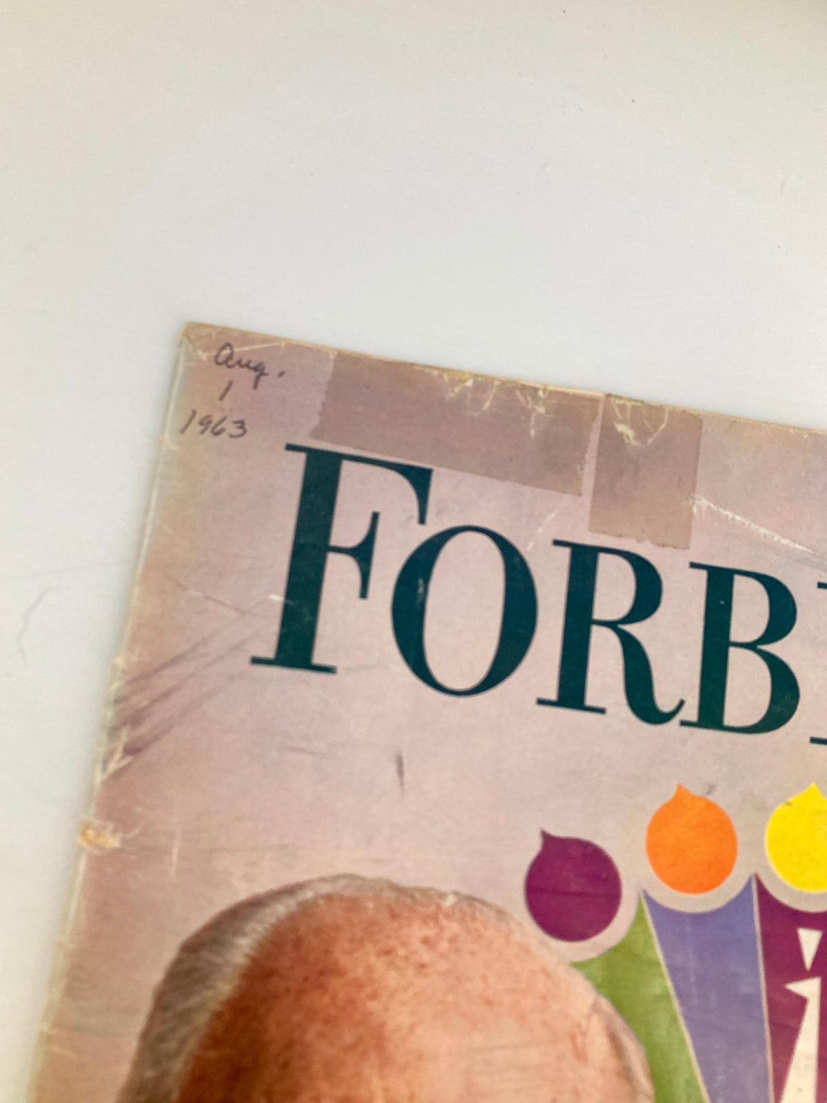Close-up view of the VTG Forbes Magazine October 1 1963 cover displaying the date August 1, 1963, and the title Forbes, featuring David Sarnoff.