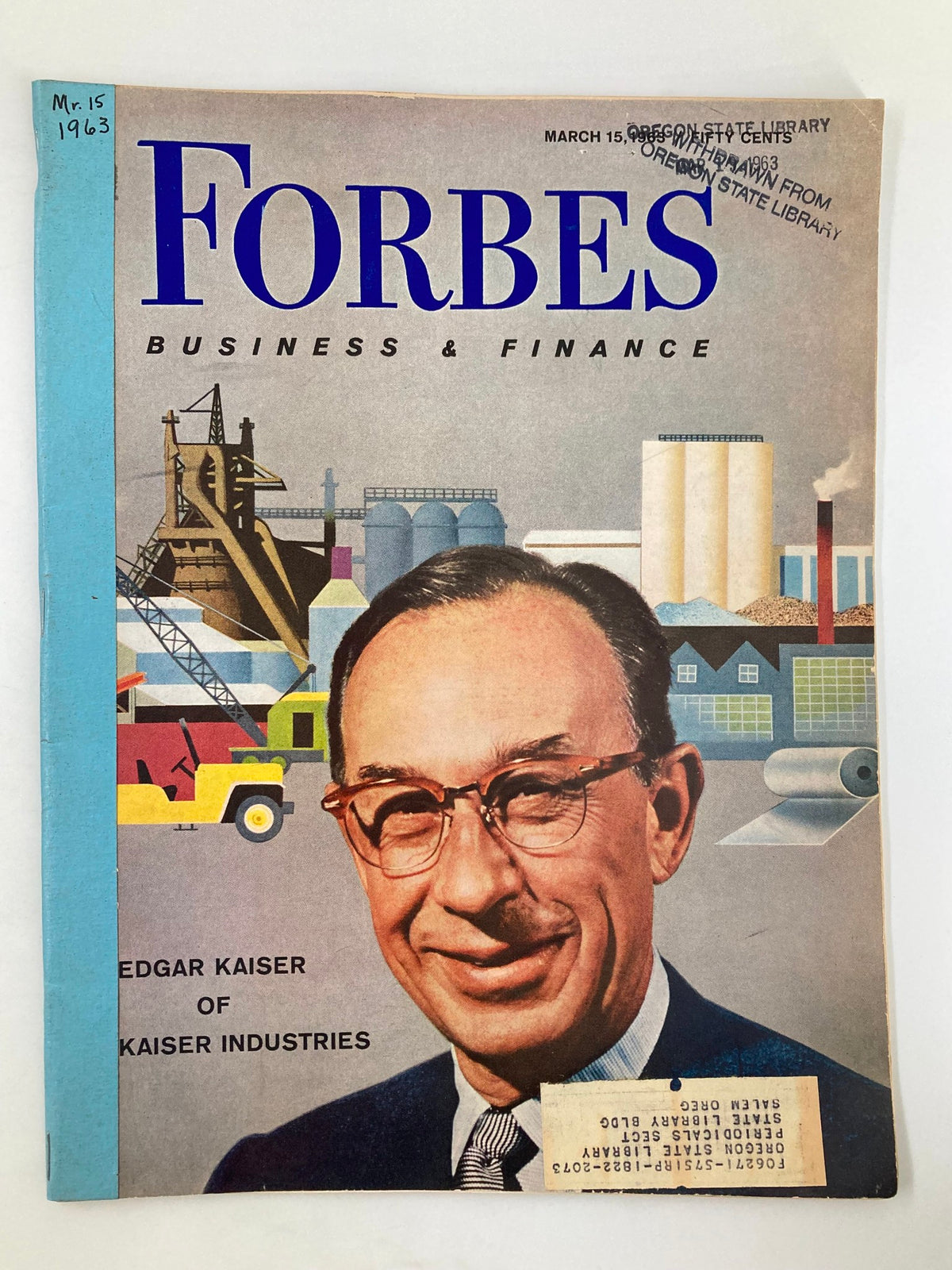 Vintage Forbes Magazine from March 15, 1963 featuring Edgar Kaiser of Kaiser Industries on the cover, showcasing a colorful graphic design with industrial imagery.