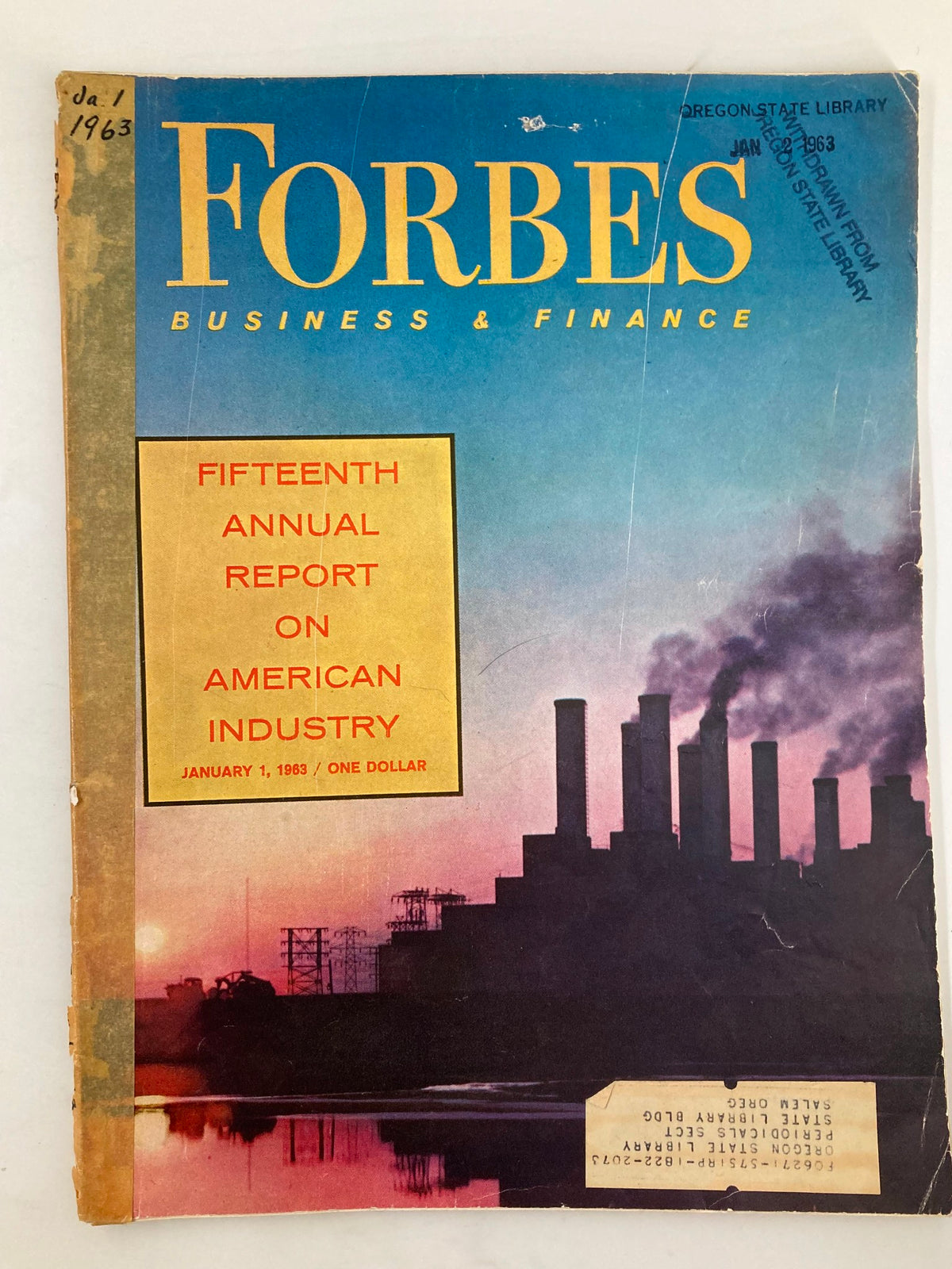 Cover of VTG Forbes Magazine January 1, 1963, featuring the Fifteenth Annual Report on American Industry with industrial imagery.