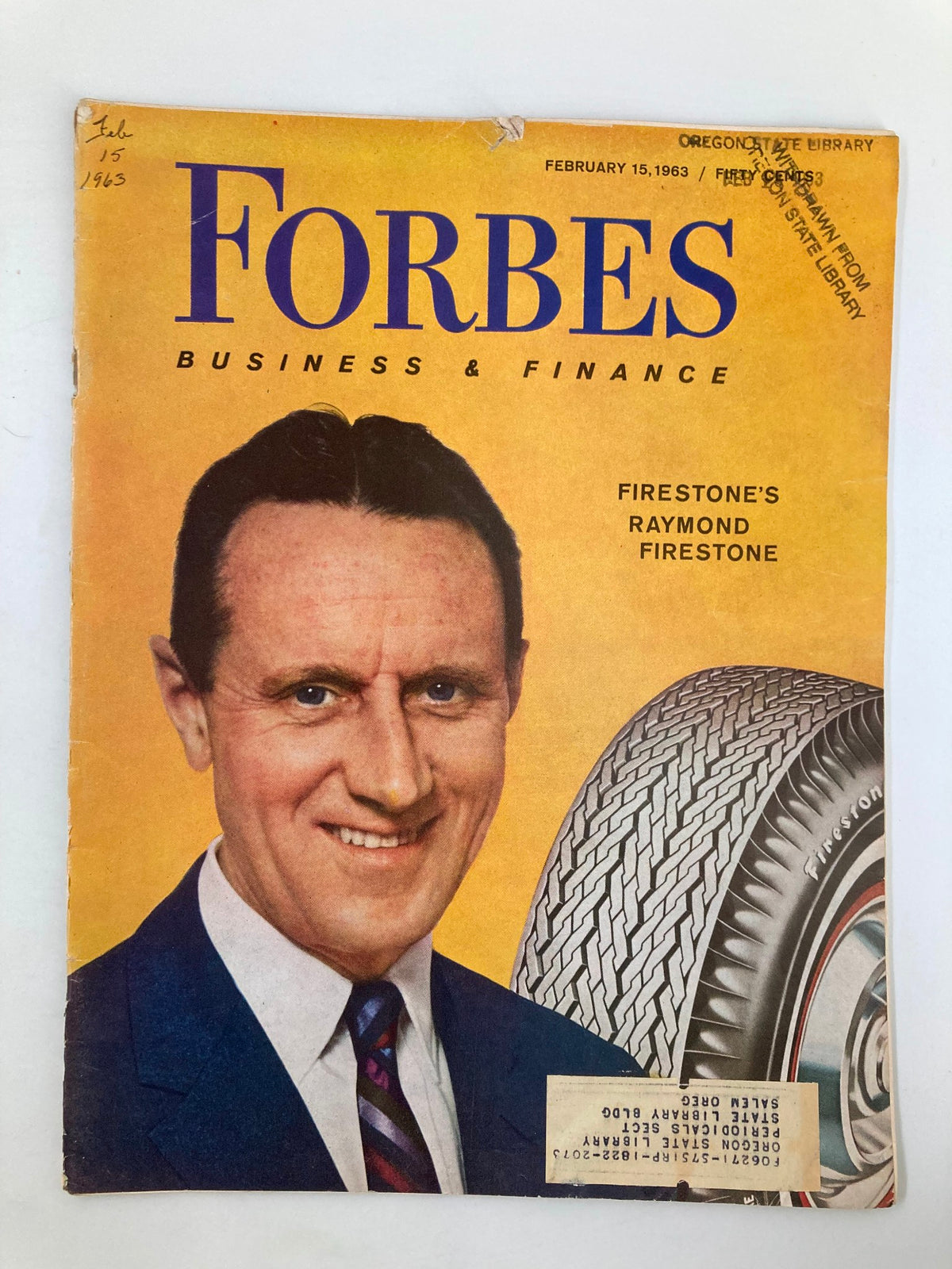 Cover of VTG Forbes Magazine February 15, 1963 featuring Firestone's Raymond Firestone with a tire image.