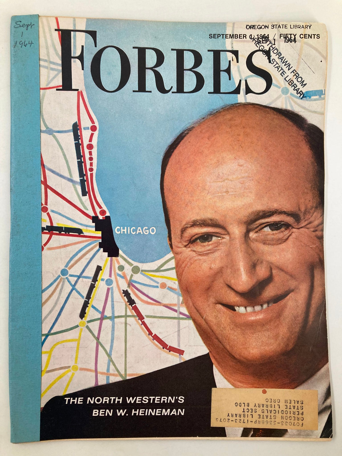 Cover of VTG Forbes Magazine September 1, 1964 featuring The North Western's Ben W. Heineman, showcasing a colorful map of Chicago and insights into business history.