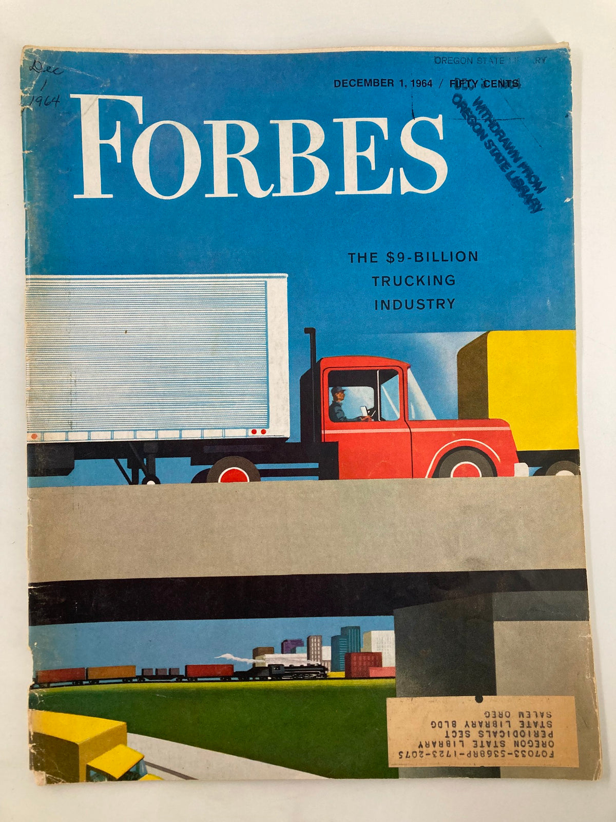 Cover of the December 1, 1964 Forbes Magazine featuring the title 'The $9-Billion Trucking Industry', showcasing a colorful illustration of a red truck and shipping containers.