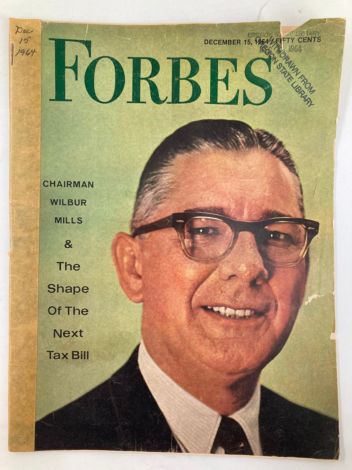 Cover of VTG Forbes Magazine December 15 1964 featuring Chairman Wilbur Mills discussing the next tax bill.