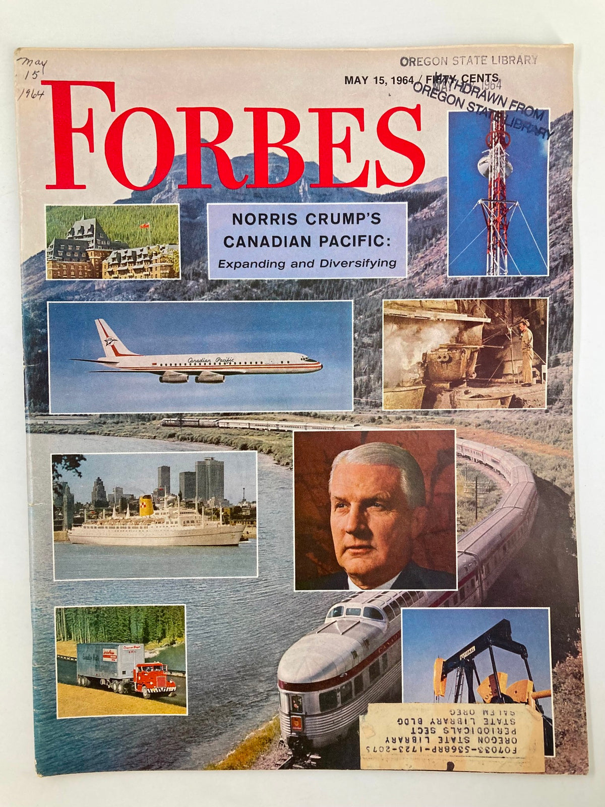 Cover of the vintage Forbes Magazine from May 15, 1964 featuring Norris Crump's Canadian Pacific expansion and diversifying article, showcasing various images related to transportation and business.