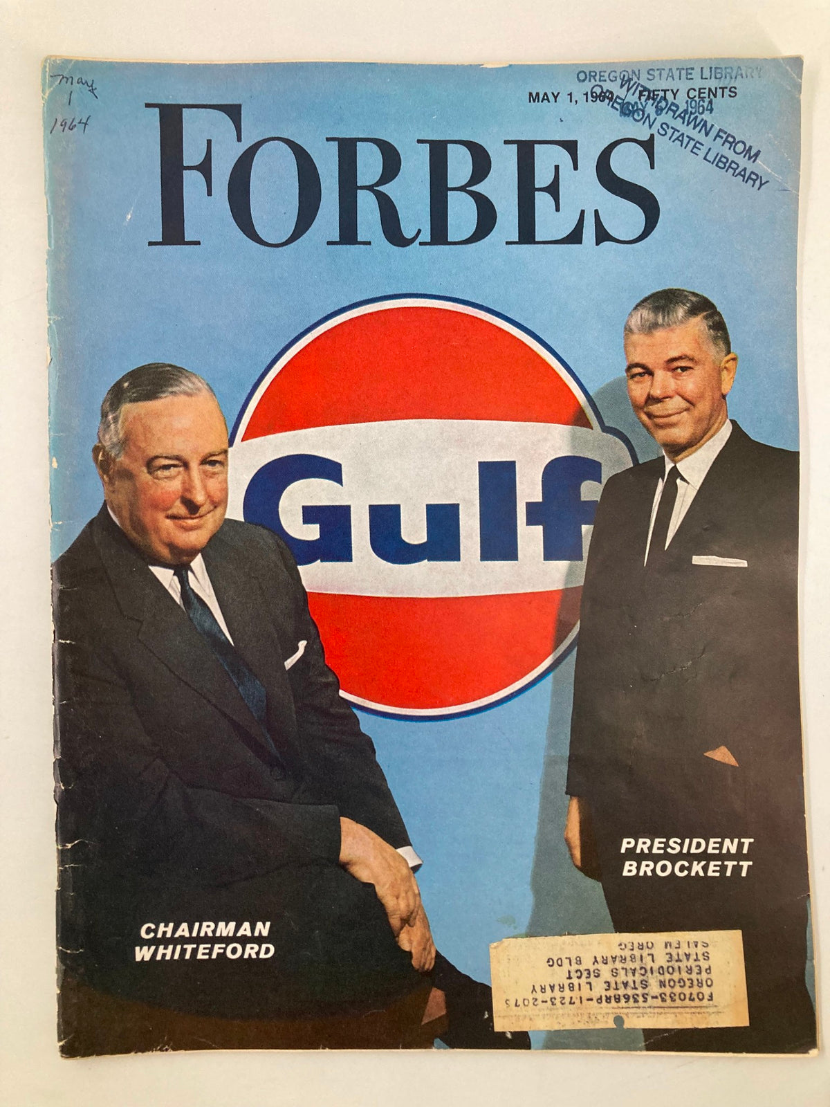 VTG Forbes Magazine May 1 1964 featuring Chairman Whiteford and President Brockett on the cover, showcasing a Gulf advertisement.