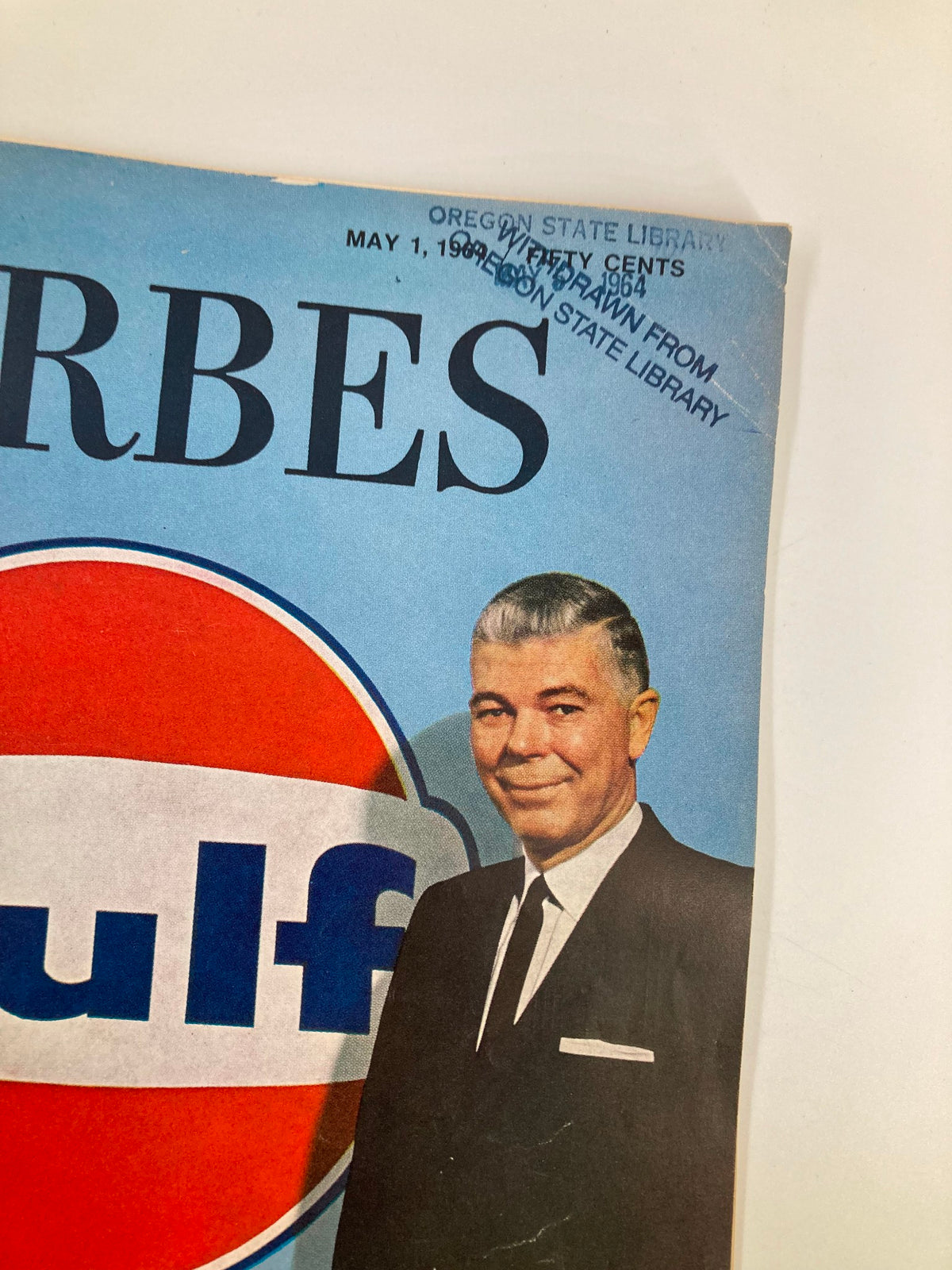 Close-up of the cover of VTG Forbes Magazine May 1 1964 highlighting President Brockett with an Oregon State Library stamp.