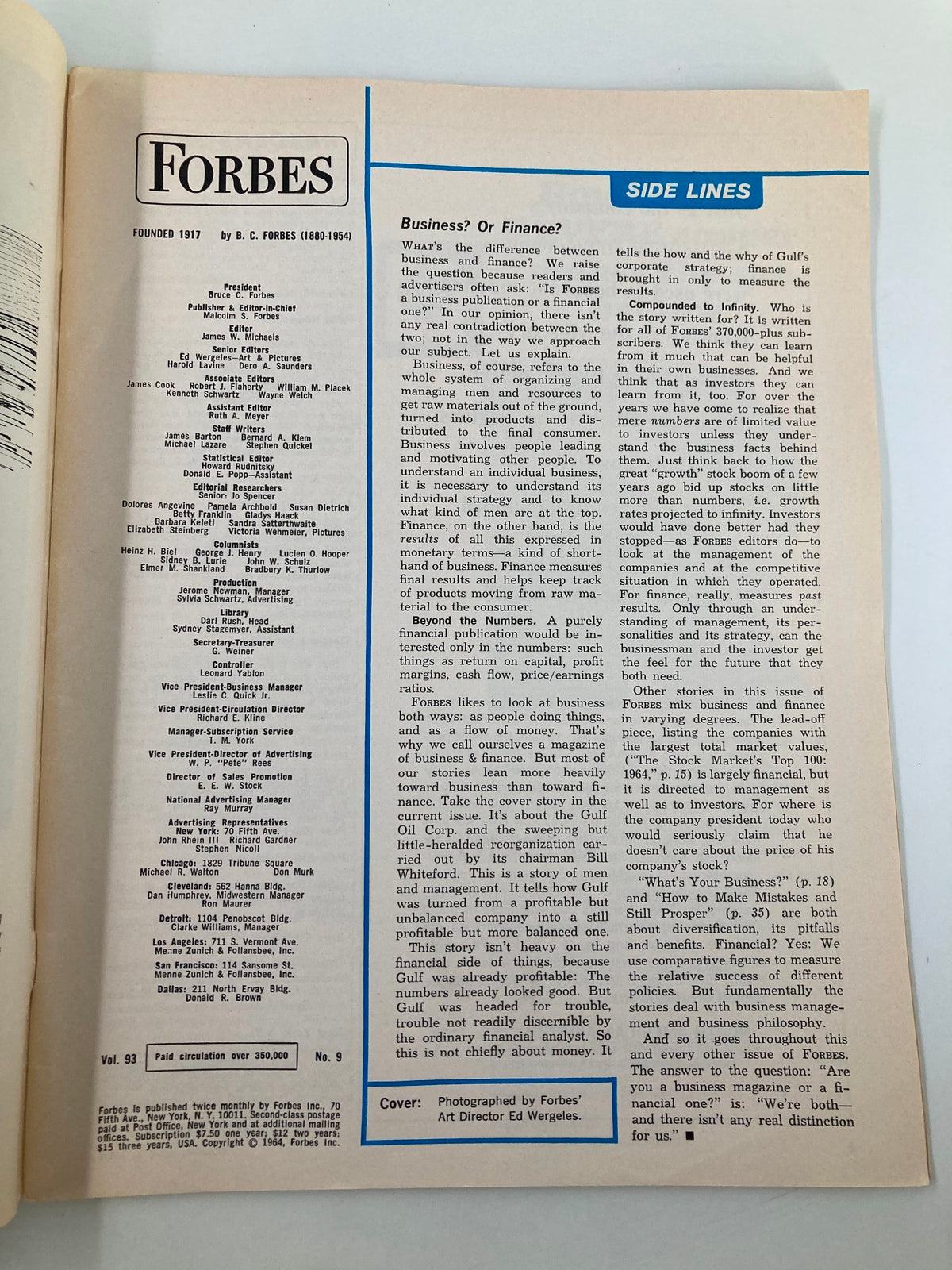 Inside page of VTG Forbes Magazine May 1 1964, displaying the editorial team and a discussion on business and finance topics.