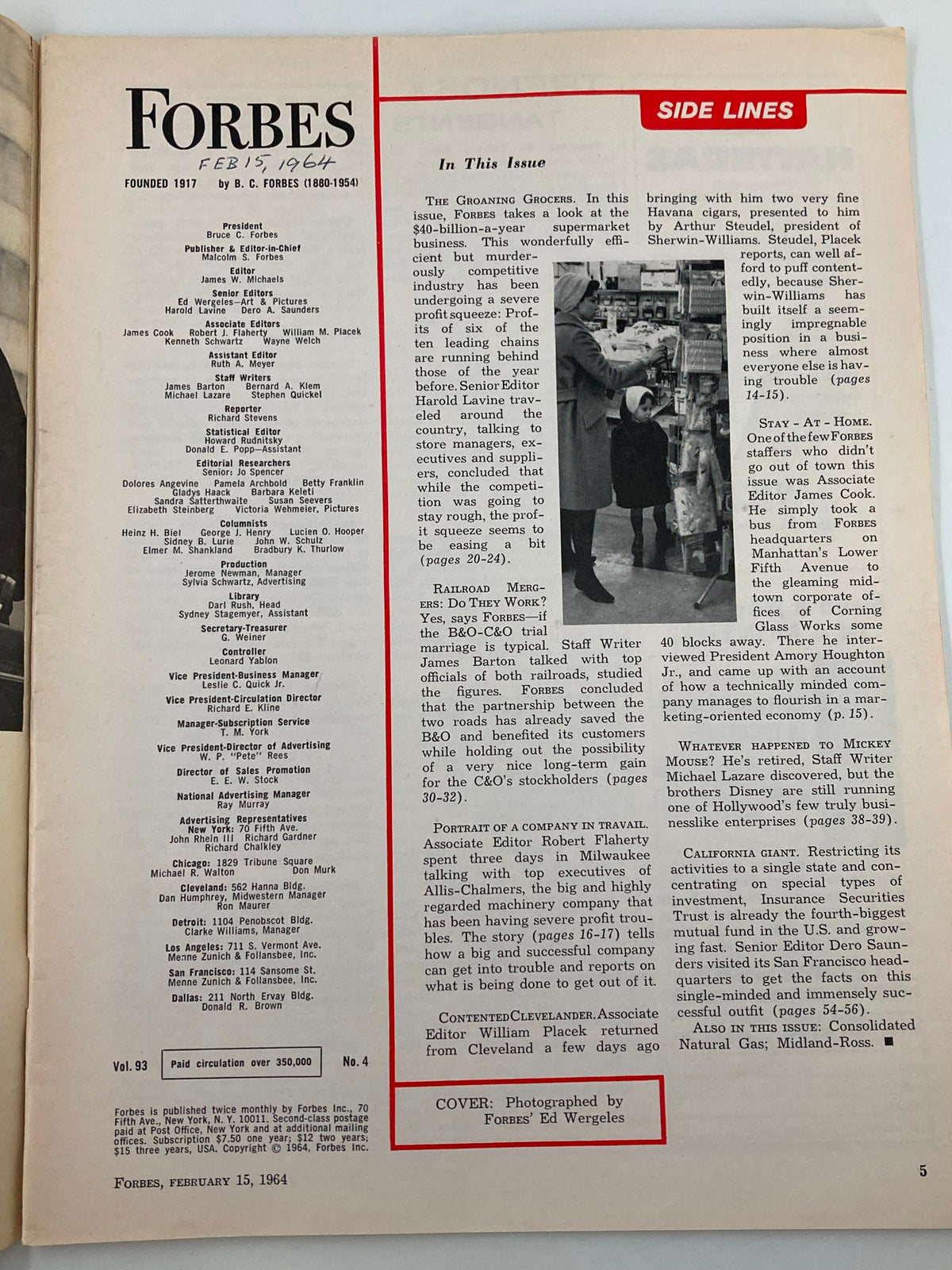 Inside page of the VTG Forbes Magazine February 15 1964, featuring the table of contents and articles discussing supermarket profitability and economic trends.