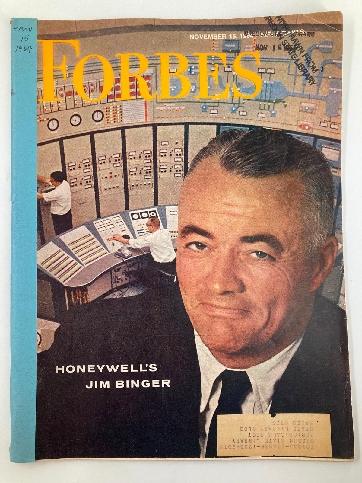 Cover of VTG Forbes Magazine November 15 1964 featuring Honeywell's Jim Binger with a vintage background of a control panel.