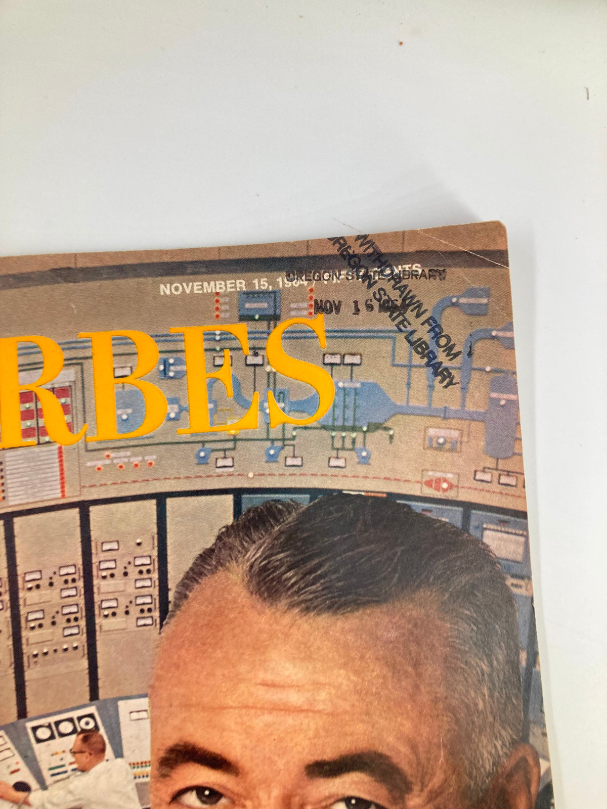 Close-up view of the cover of VTG Forbes Magazine November 15 1964 showcasing Honeywell's Jim Binger and magazine details.
