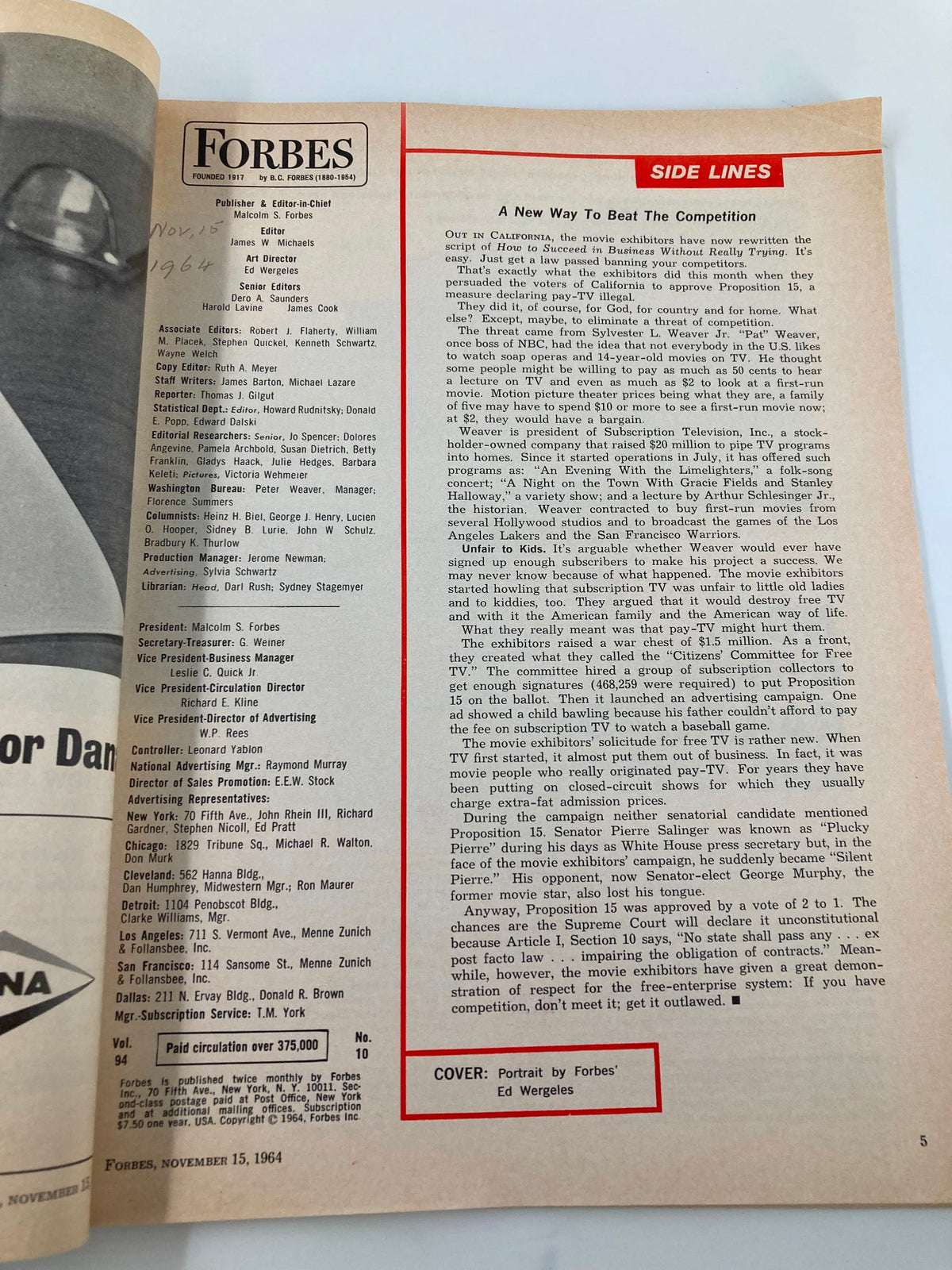 Inside page of VTG Forbes Magazine November 15 1964 displaying editorial information and content related to the issue.