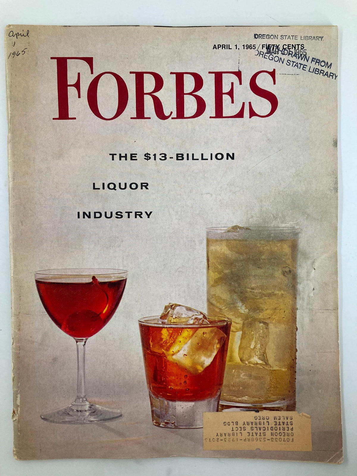 Cover of VTG Forbes Magazine April 1 1965 featuring a classic design with cocktails, representing the $13-billion liquor industry.