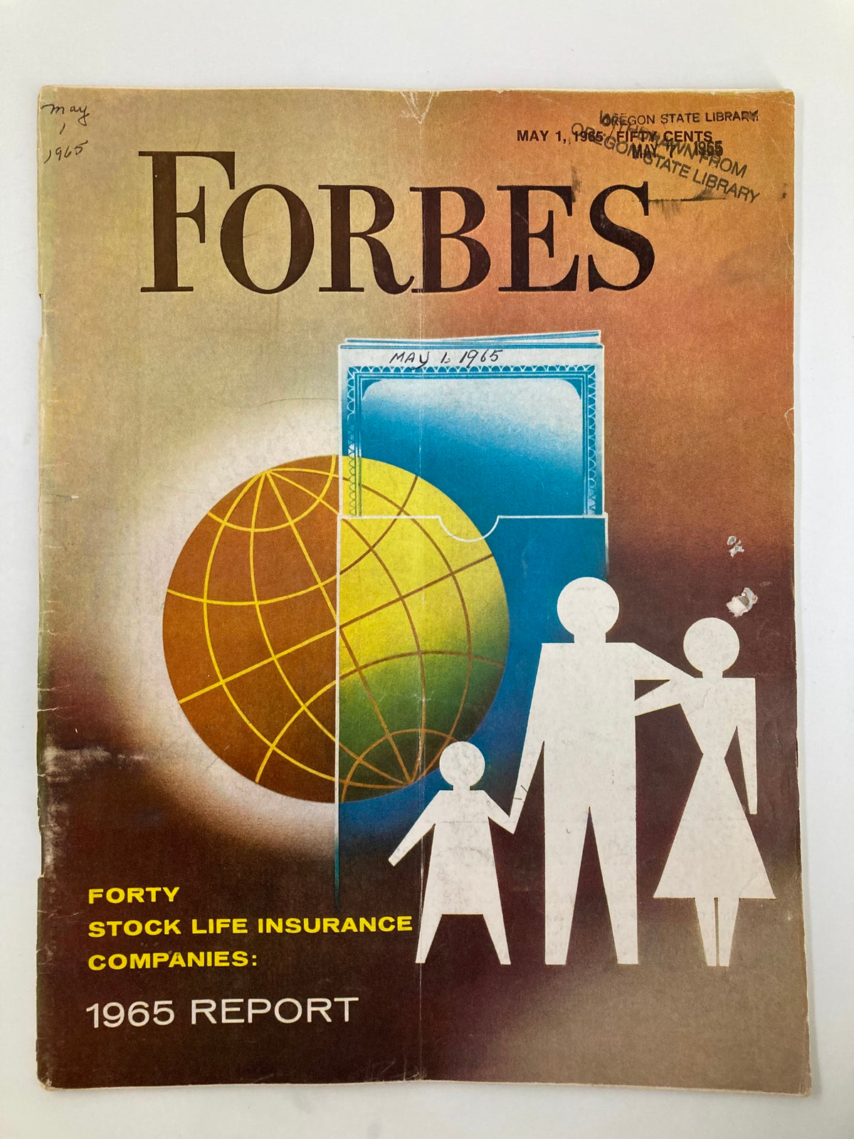 Cover of VTG Forbes Magazine May 1 1965, featuring a globe illustration and a family silhouette. Includes the title 'Forty Stock Life Insurance Companies Report' and displays library stamps.