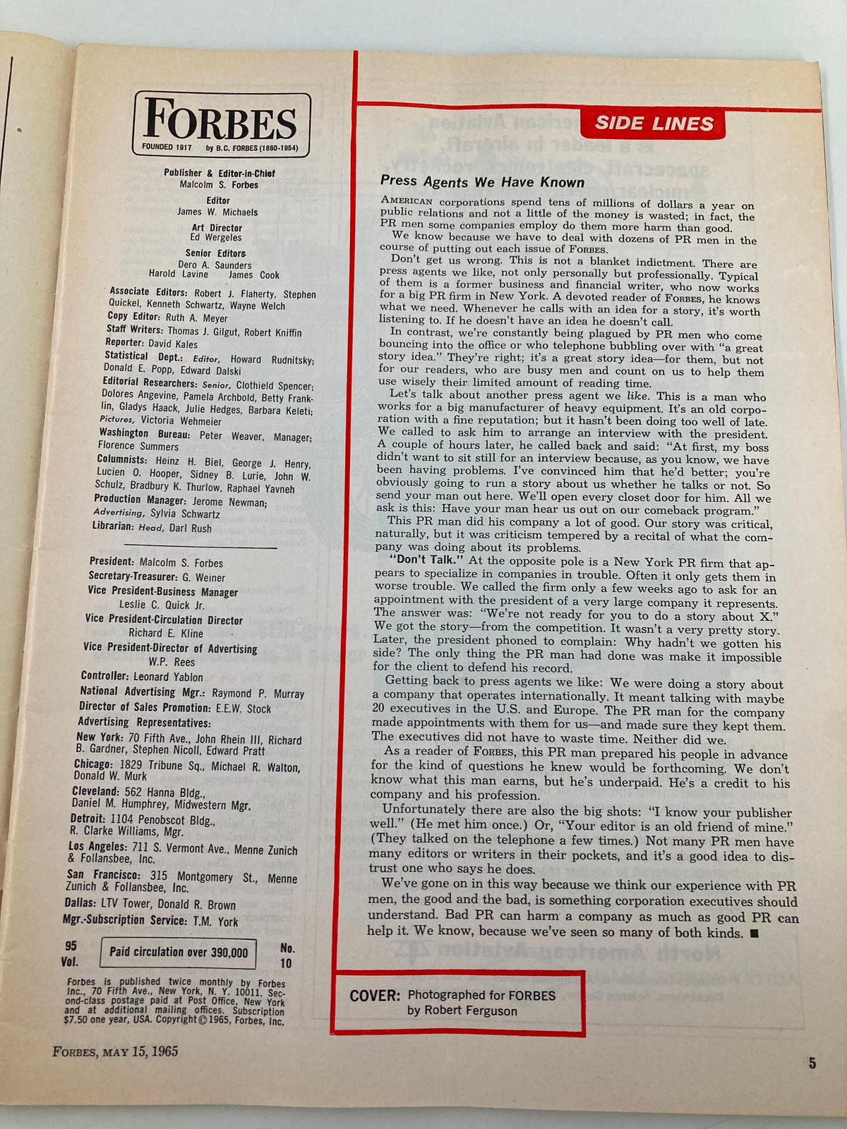 Interior page of VTG Forbes Magazine May 15 1965 including the publication details and editorial content alongside a photograph credit.