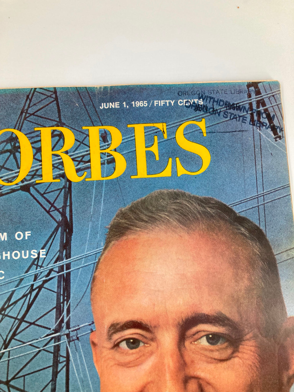 Close-up image of the cover of VTG Forbes Magazine June 1 1965 featuring a label and notable branding, highlighting Burnham of Westinghouse Electric.