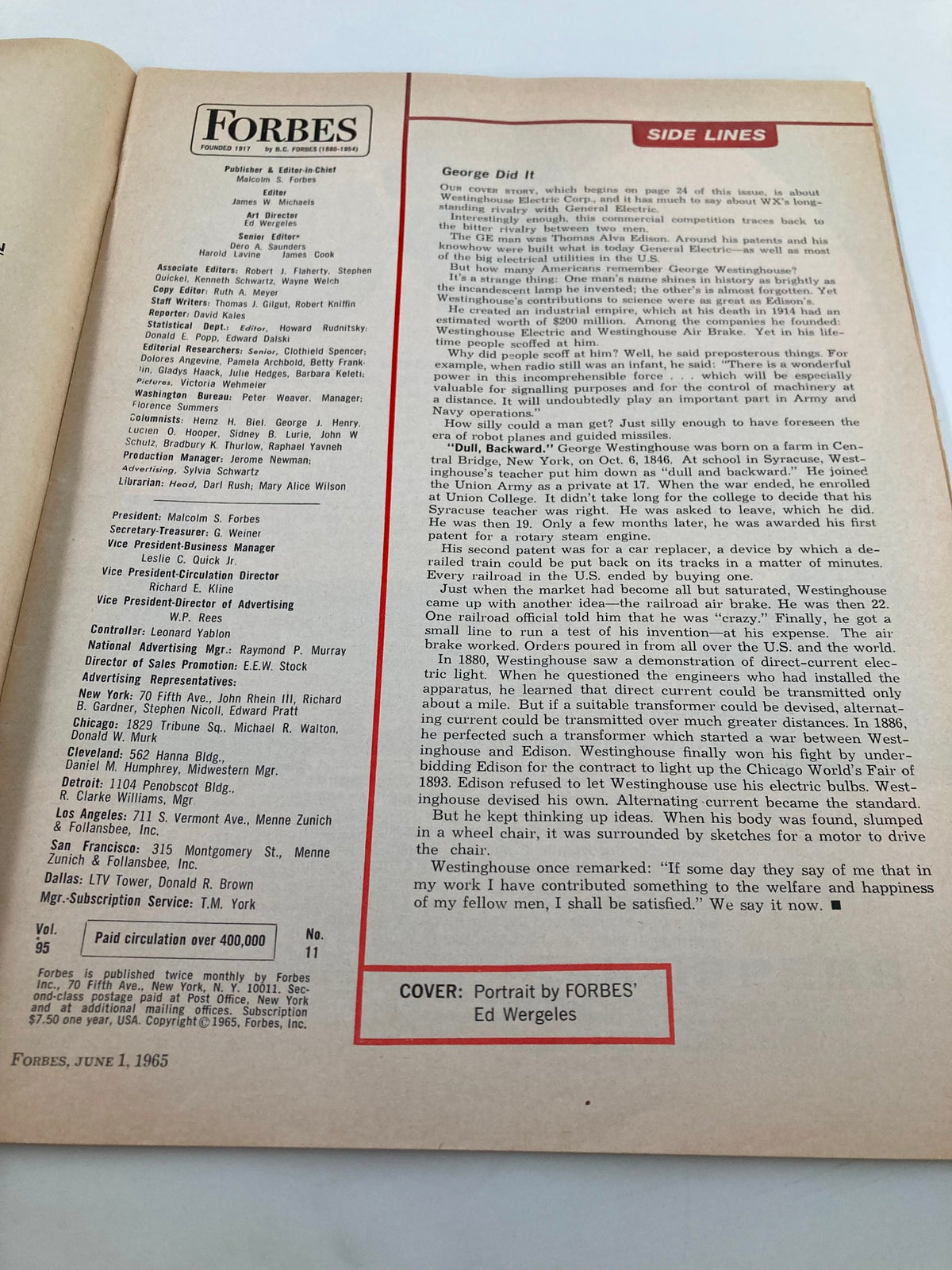 Inside page of VTG Forbes Magazine June 1 1965, displaying the magazine layout and article contributions, adding to its collectible value.