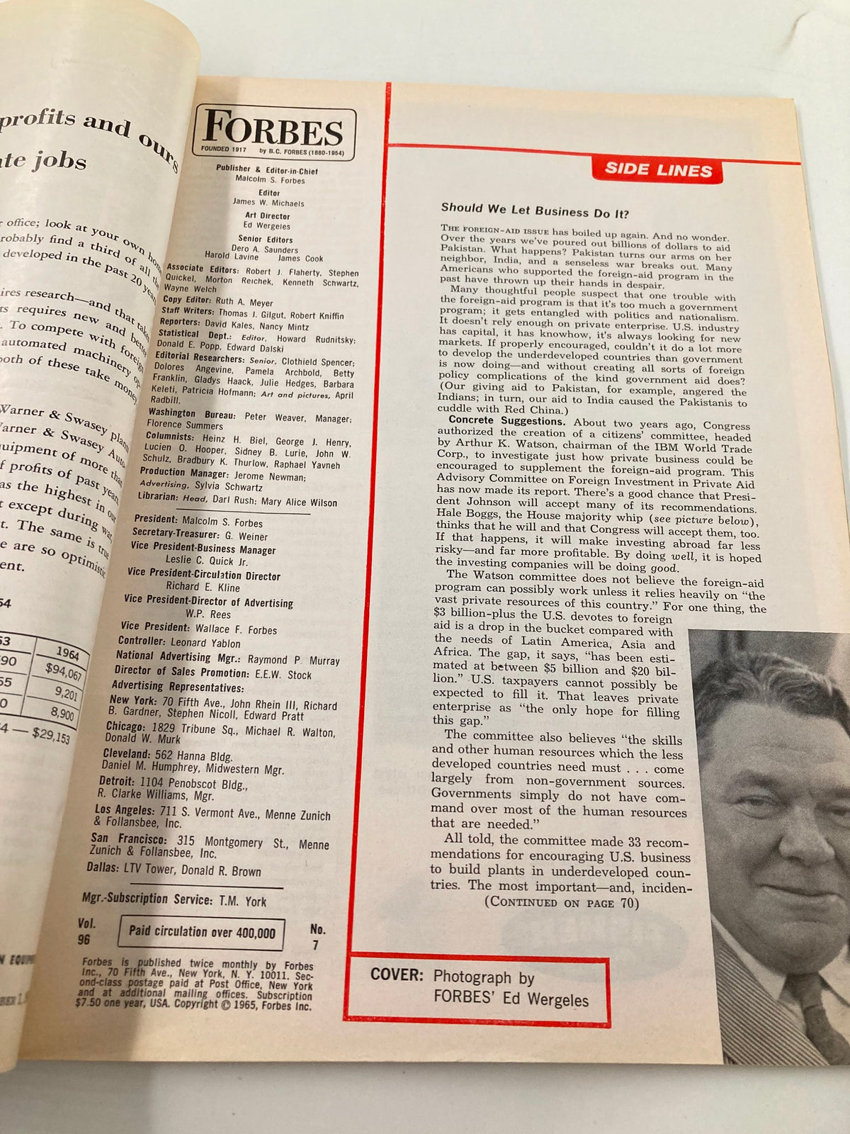 Inside page of the VTG Forbes Magazine from October 1, 1965, featuring editorial content and contributor details related to the article 'What's Ahead for the Highway Program?' This page includes insights on business and government relations.