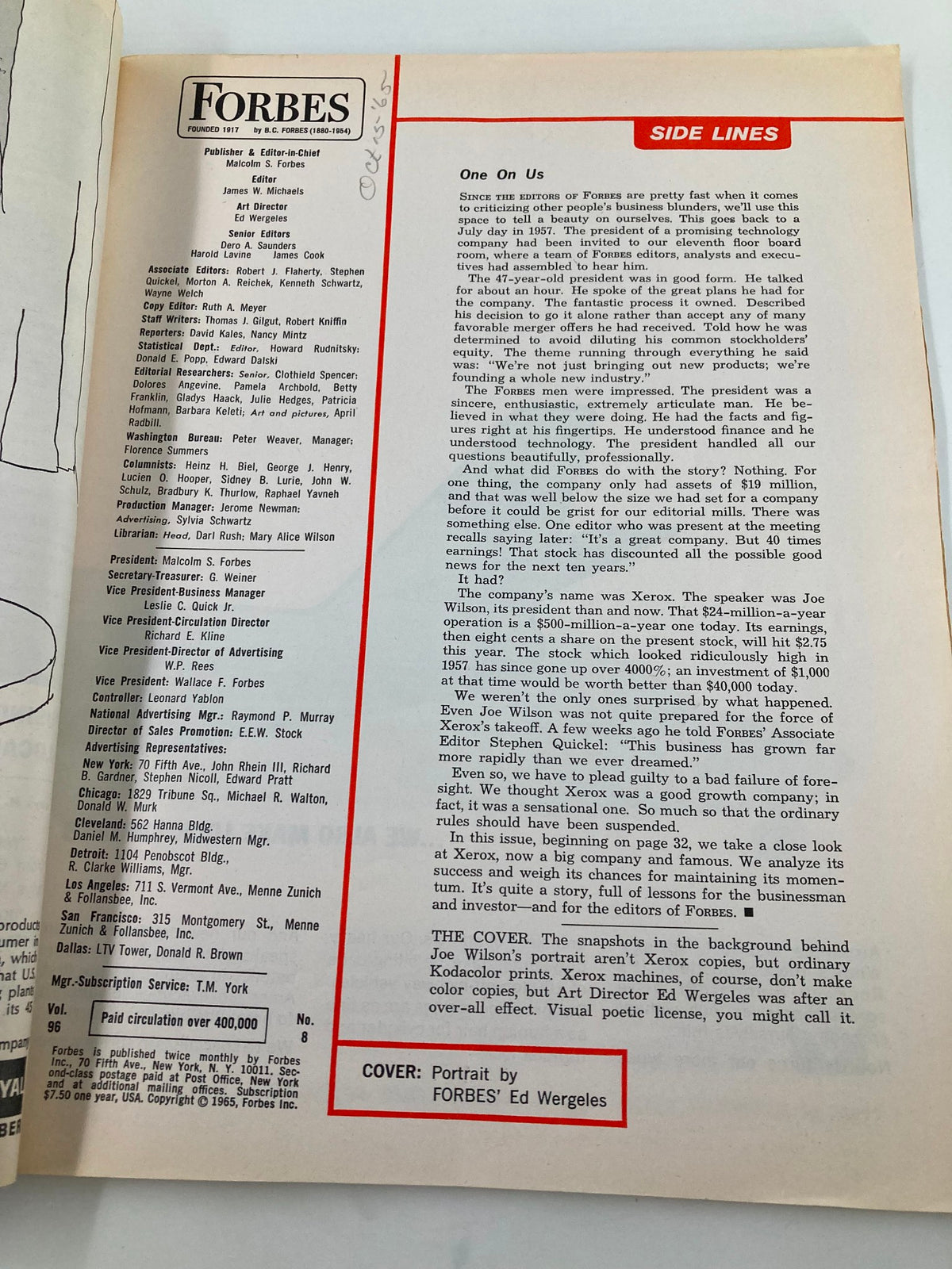 Interior page of a vintage Forbes magazine dated October 15, 1965, featuring editorial credits and an article about Xerox's Joseph C. Wilson, showcasing historical insights into the business landscape of the 1960s.