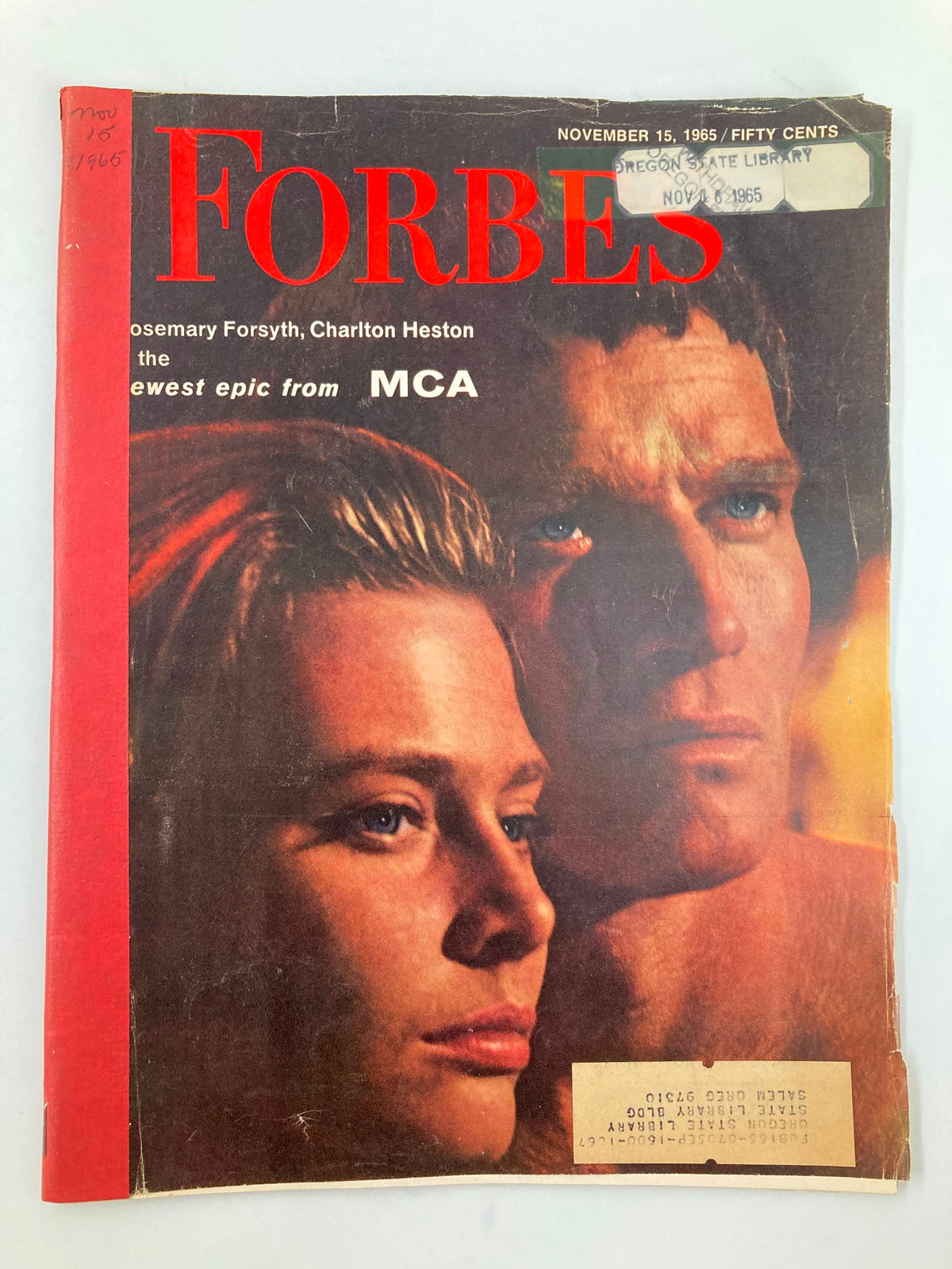 VTG Forbes Magazine November 15 1965 featuring Rosemary Forsyth and Charlton Heston on the cover, showcasing iconic imagery from the 1960s.