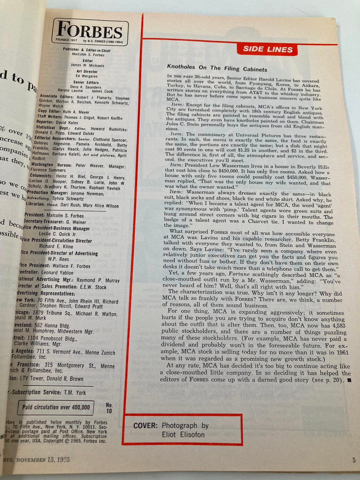 Interior page of VTG Forbes Magazine November 15 1965 featuring editorial content and a photograph by Eliot Elisofon reflecting the magazine's vintage style and 1960s business insights.