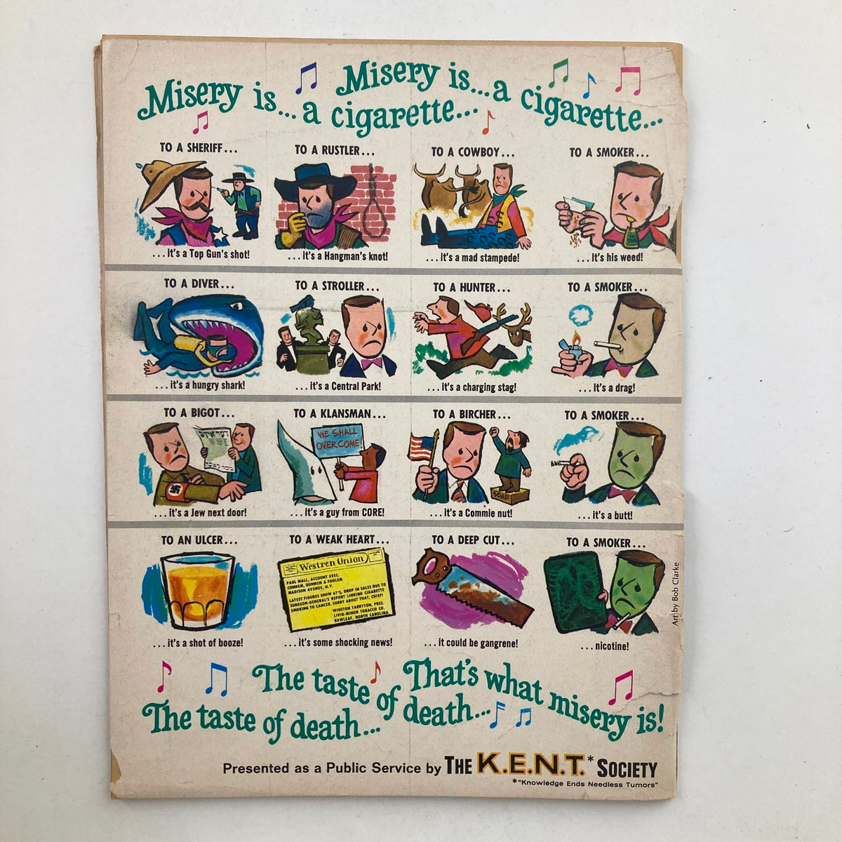 Back cover of Mad Magazine March 1967 No. 109 featuring the humorous artwork and slogan "Misery is a cigarette" with illustrations depicting various characters and their humorous miseries.