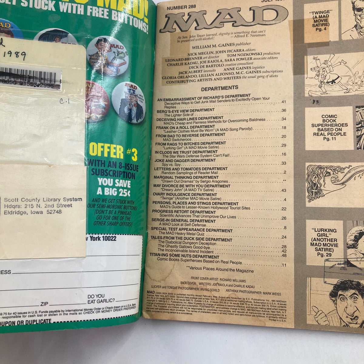 Inner pages of Mad Magazine July 1989 No. 288 displaying the table of contents and subscription offer, highlighting the creative and satirical content typical of this vintage magazine.
