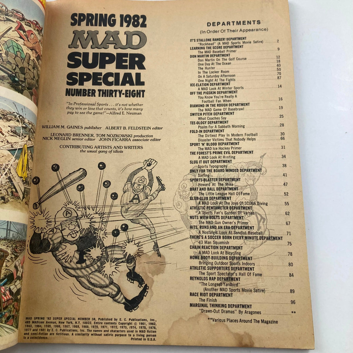 Table of contents page from Mad Super Special Spring 1982 No. 38, with a listing of departments and contributors, showcasing whimsical illustrations of sports themes.