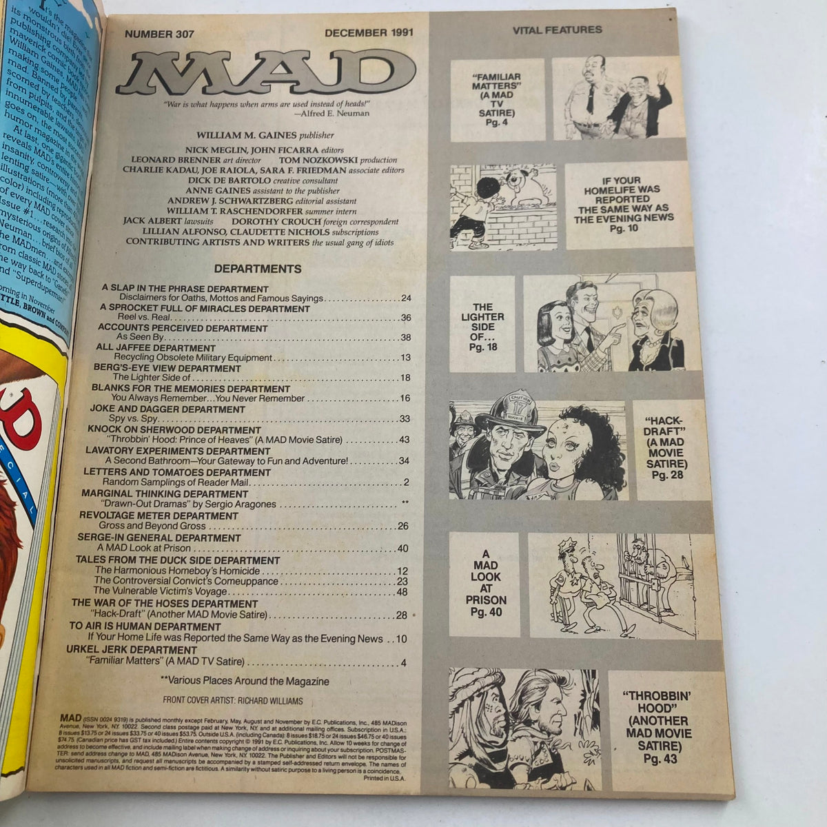 Interior page of Mad Magazine December 1991 No. 307, displaying the table of contents and vital features with fun illustrations and titles indicative of the magazine's satirical humor.