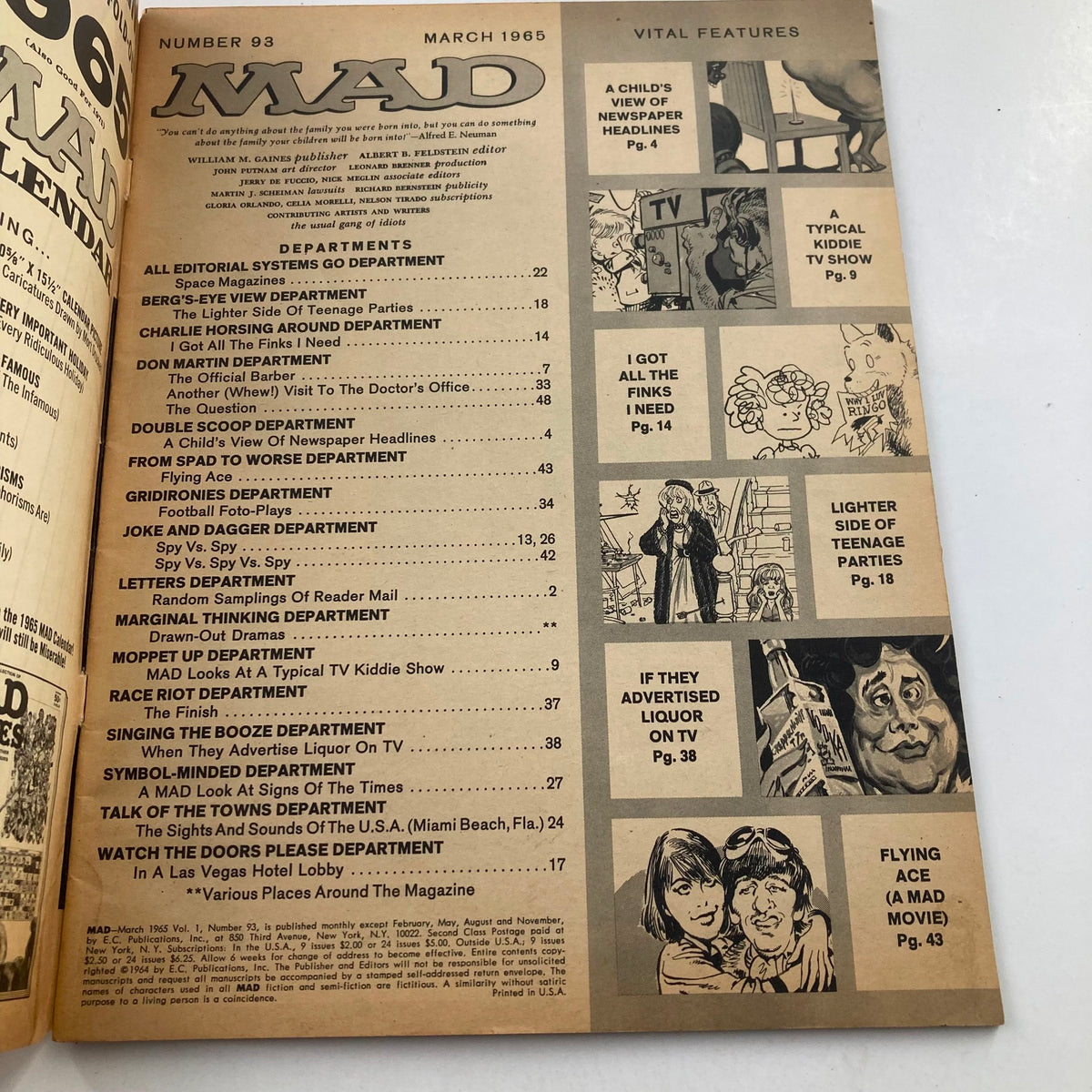 Interior page of Mad Magazine March 1965 No. 93, displaying the content layout and vital features including various departments such as 'Spy Vs. Spy' and cartoons typical of the magazine's satirical style.