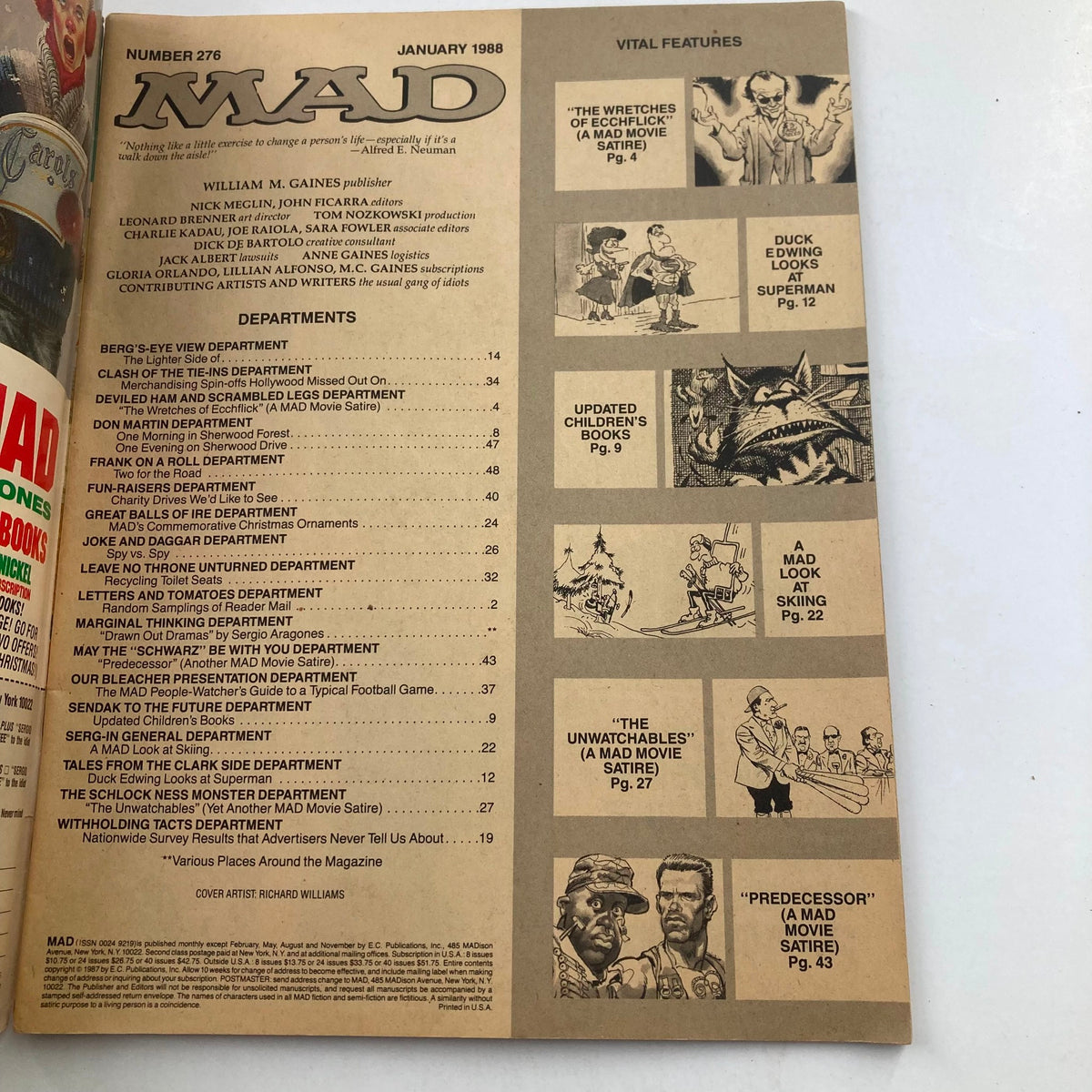 Table of contents page from Mad Magazine January 1988 No. 276, highlighting various departments and features of the magazine, including 'The Unwatchables' satire. This page showcases the layout and humor reflective of the late 1980s era.