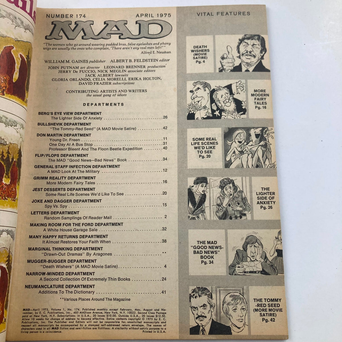 Contents page of Mad Magazine April 1975 No. 174 listing various features including 'Death Wishes', 'More Modern Fairy Tales', and other humorous departments.
