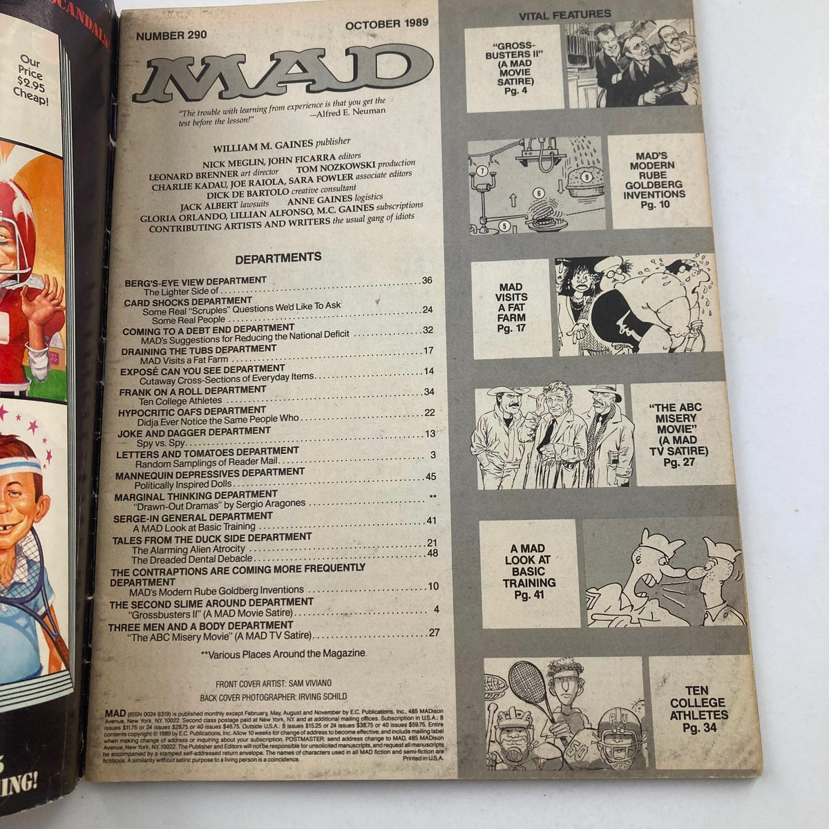 Inside page of Mad Magazine October 1989 No. 290 showing the table of contents and details about the various features and departments included in the issue.