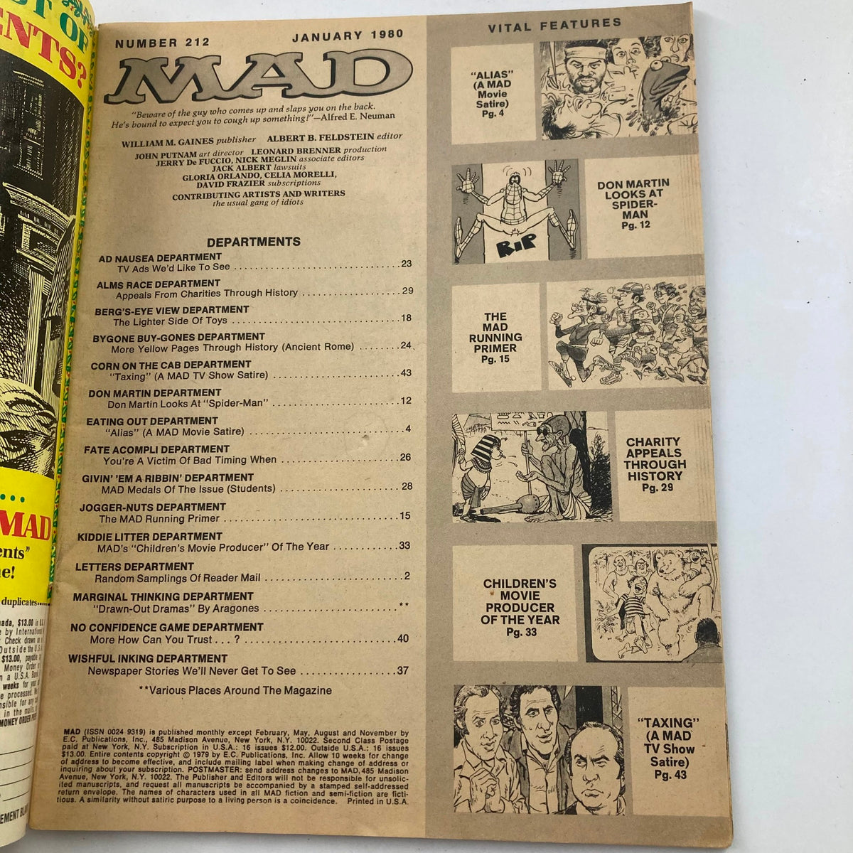 Inside page of Mad Magazine January 1980 No. 212 displaying the table of contents featuring various parody articles and the magazine's creative departments.