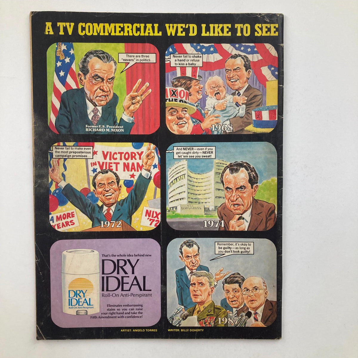 Back cover of Mad Magazine March 1988 No. 277 showcasing a satirical comic strip related to Richard Nixon and political humor.