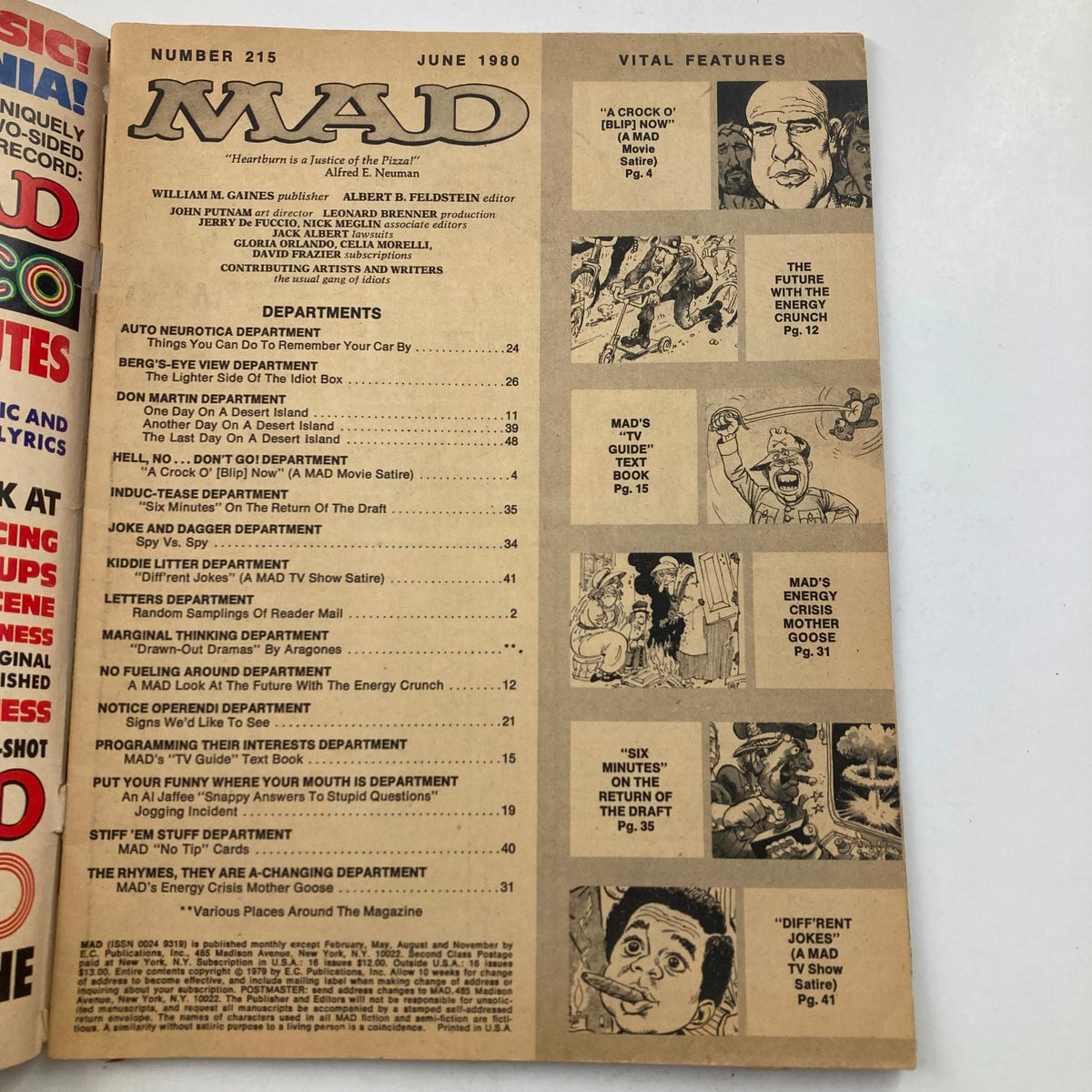 Interior page of Mad Magazine June 1980 No. 215 displaying the table of contents with various sections and features of the magazine.