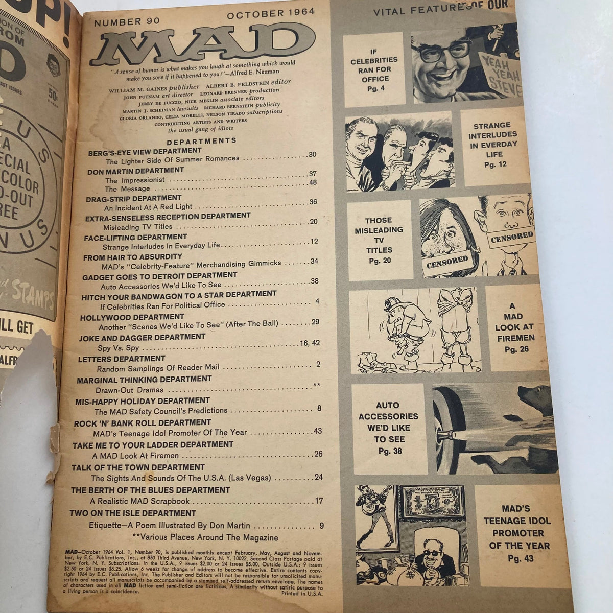 Table of contents from Mad Magazine October 1964 No. 90, highlighting various departments and featured articles within the magazine, reflecting its comedic and satirical nature.